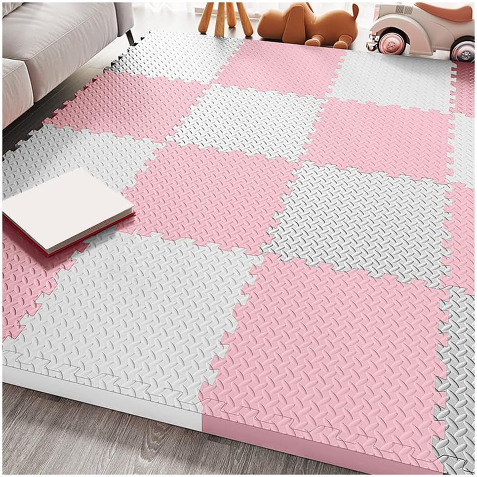 36 Pcs Interlocking Foam Puzzle Play Mat – 1/2″ Thick, 12″x12″ Anti-Slip Waterproof Exercise Tiles for Home Gym – Easy Install Pink & White Flooring