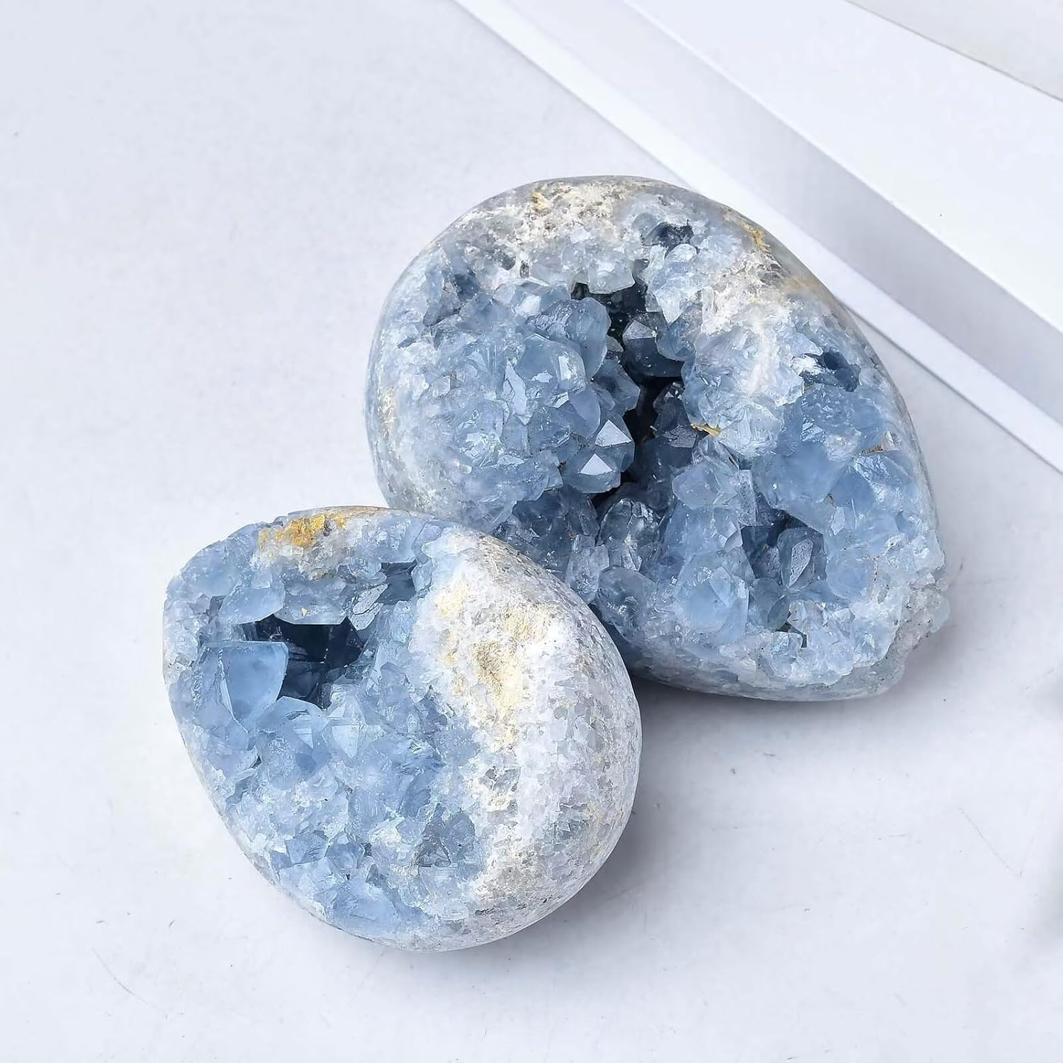 Natural Blue Celestite Geode Egg Healing Crystal Stone Collection Mineral Specimen with Stand Home Office Decor 3.0-3.5 Pound