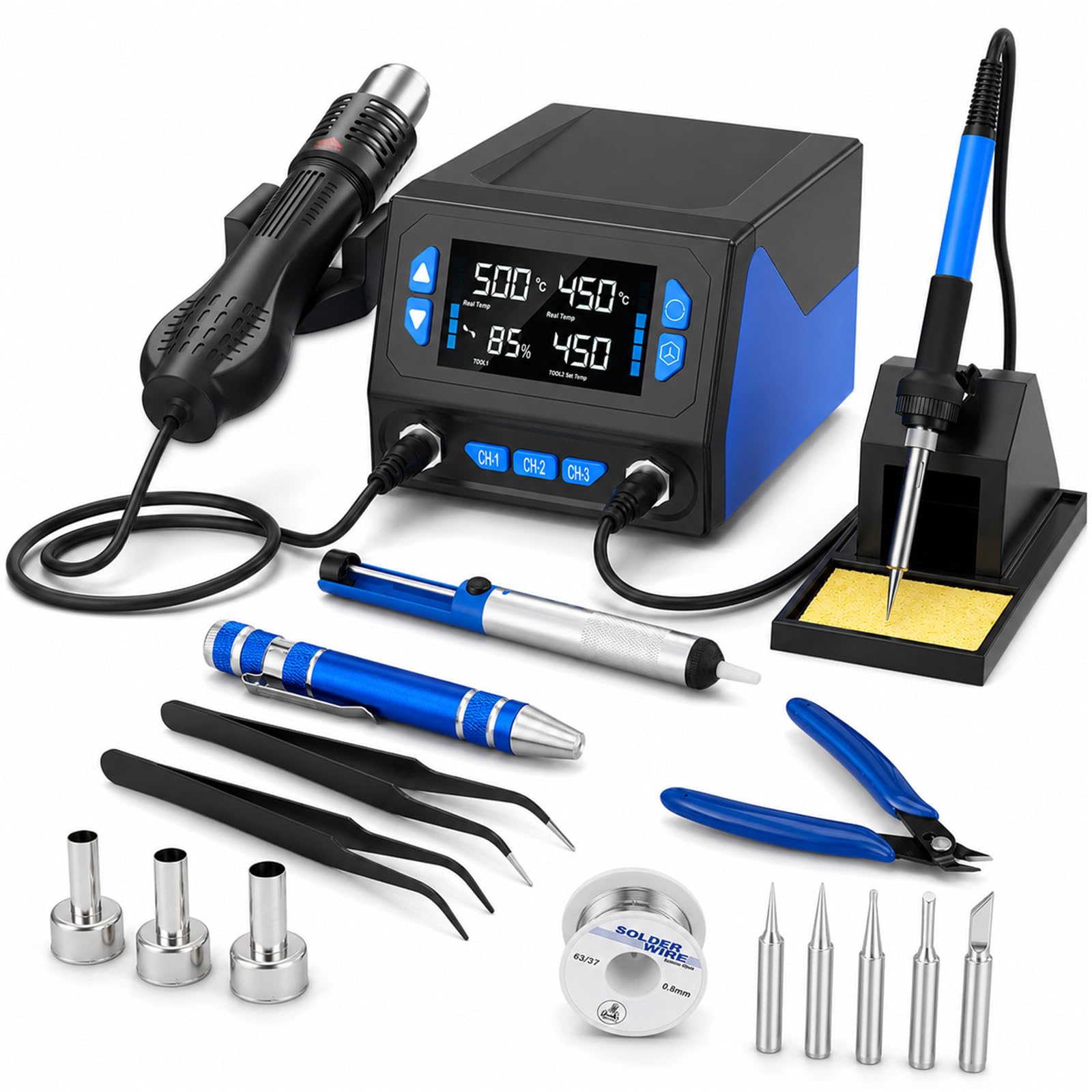 Stazione saldante ad aria calda 2 in 1, stazione saldante professionale con doppio LCD e controllo digitale, stazione dissaldante, 100-500 °C, pistola ad aria calda 100-450 °C, riscaldamento rapido