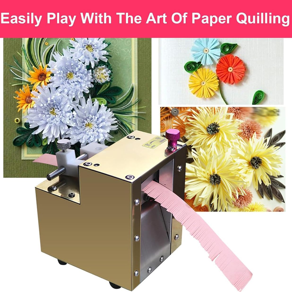 Electric Paper Quilling Machine, Paper Art Tassel Cutting Machine, 3D Handmade Paper Fringed Flower Roll Paper Flower Maker, DIY Paper Flower Maker,Rosegold
