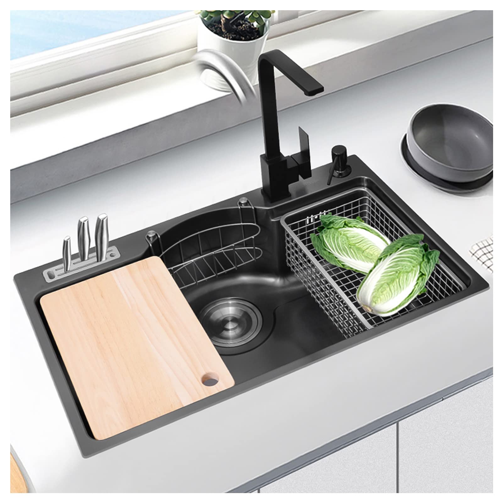 Sddpulse A Black Kitchen Sink,Bar Sink, 304 Stainless Steel Sink, Home Sink Vegetable Basin Single Sink, Drop-In Or Undermount Installation,-78X48x22cm