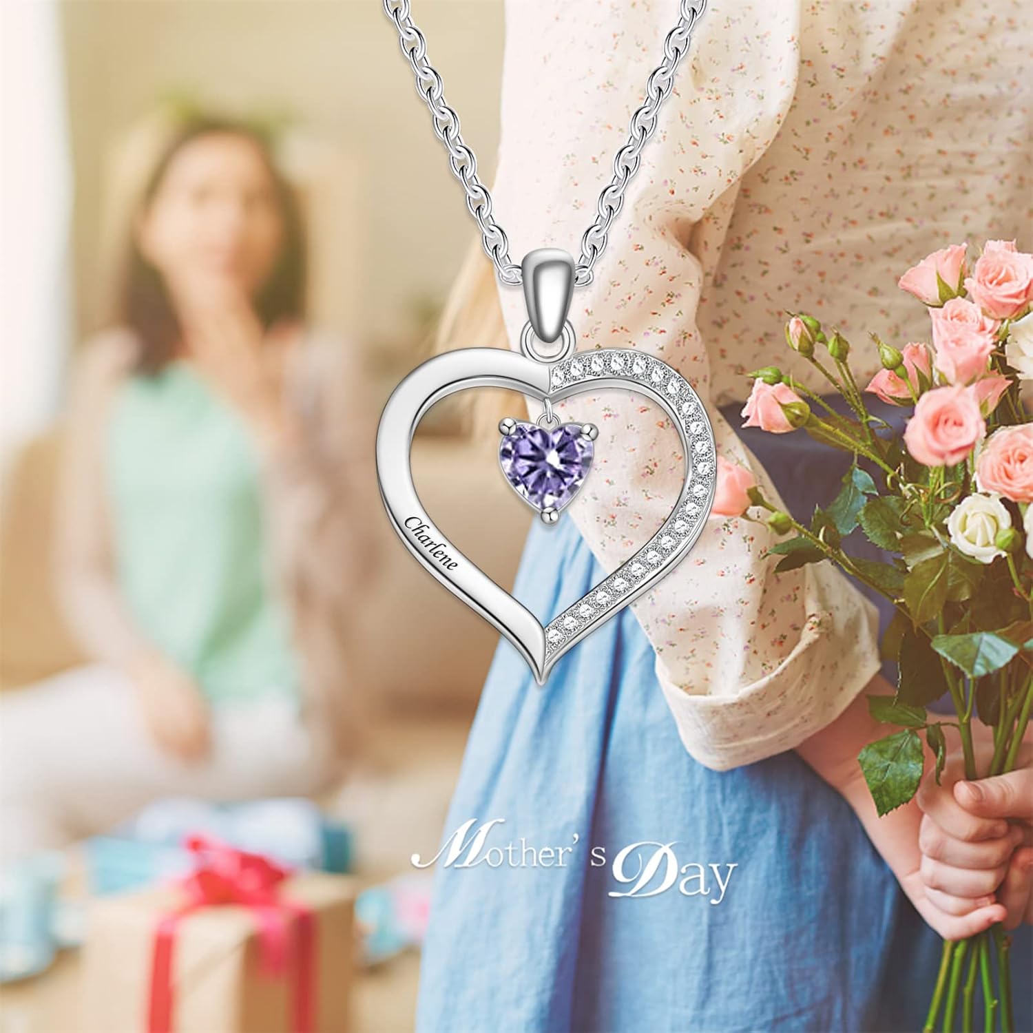 BAUMA AUTO Heart Pendant Necklace for Women Custom 1-8 Birthstones & Names Love Heart Jewelry Birthstone Necklaces for Women Mother Grandmother Mother's Day