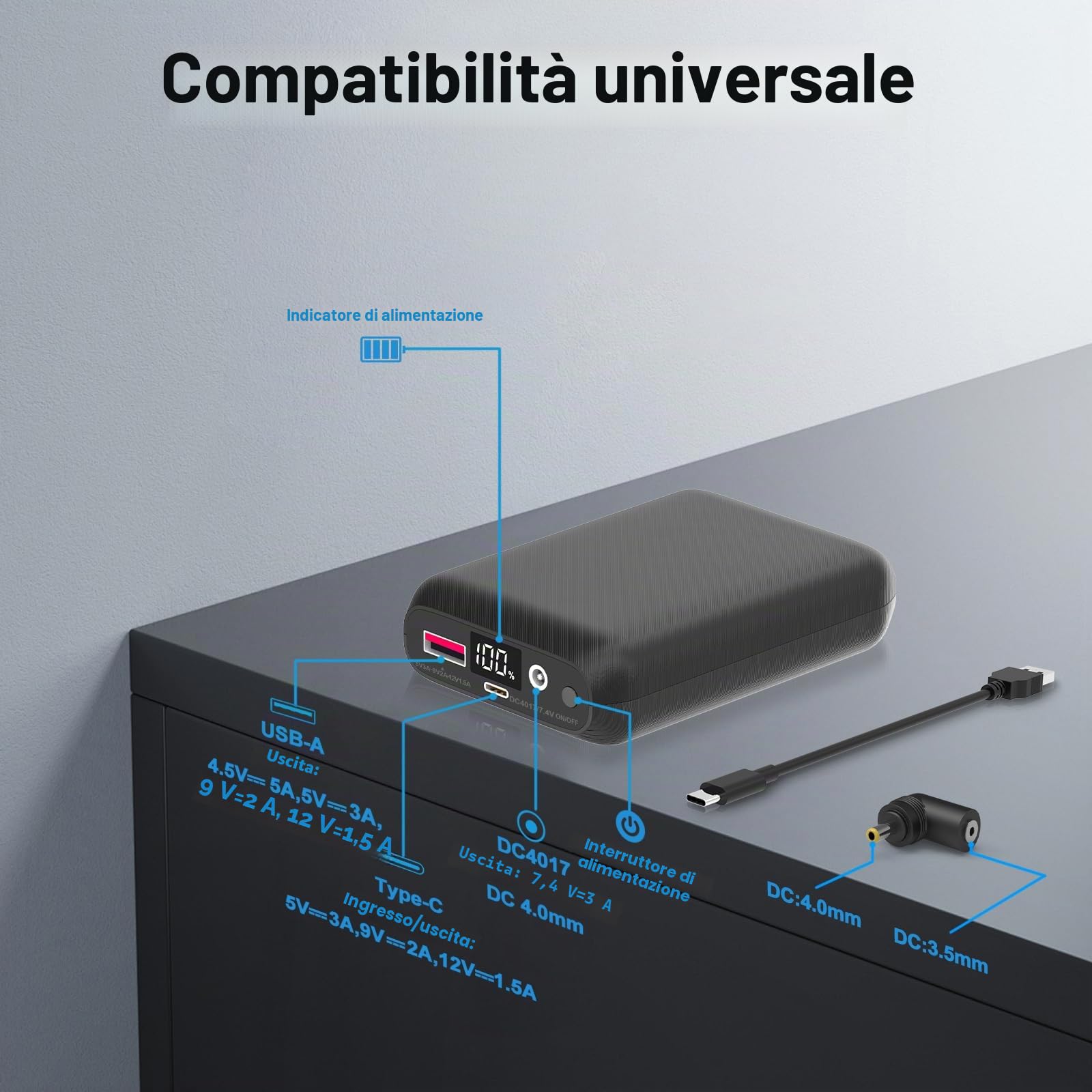 Batteria per Gilet Riscaldato-22.5W Ricarica Rapida Power Bank con Display a LED e Uscita CC7,4V per Giacche, Felpe e Pantaloni Riscaldati, Compatibile con iPhone, iPad, Samsung.