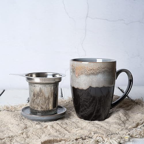 Miniatura 10 de Bosmarlin Taza de té de cerámica con infusor y tapa, 13.5 onzas, 4 colores a elegir, apta para lavavajillas y microondas, esmalte reactivo, taza de