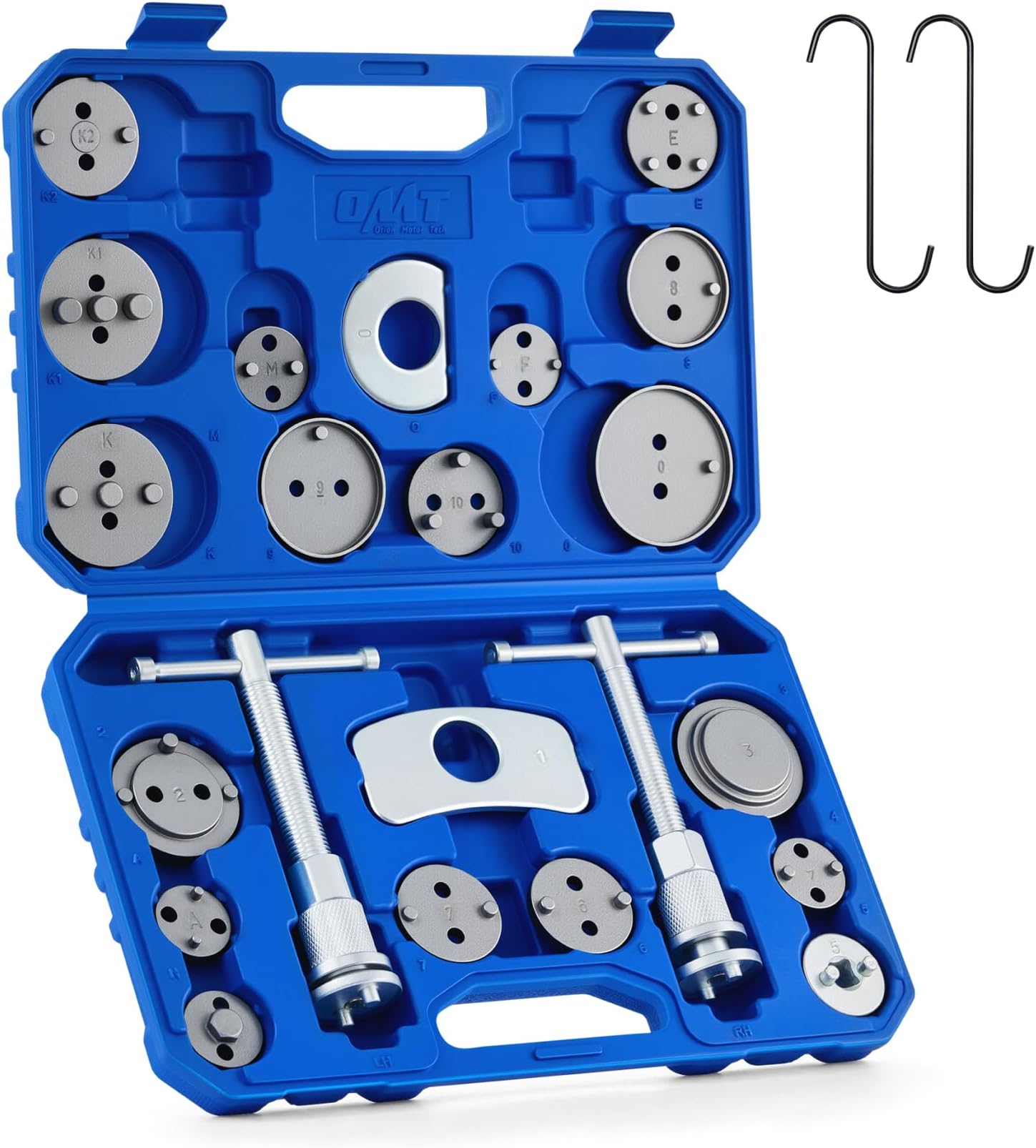 OMT 24pc Brake Caliper Compression Tool with Adapters & Hangers, Sandblast | Carbon & 40Cr Steel; Full Multi Piece Set for Most Vehicles; Thrust Bolt Assemblies; Precision Auto Repair