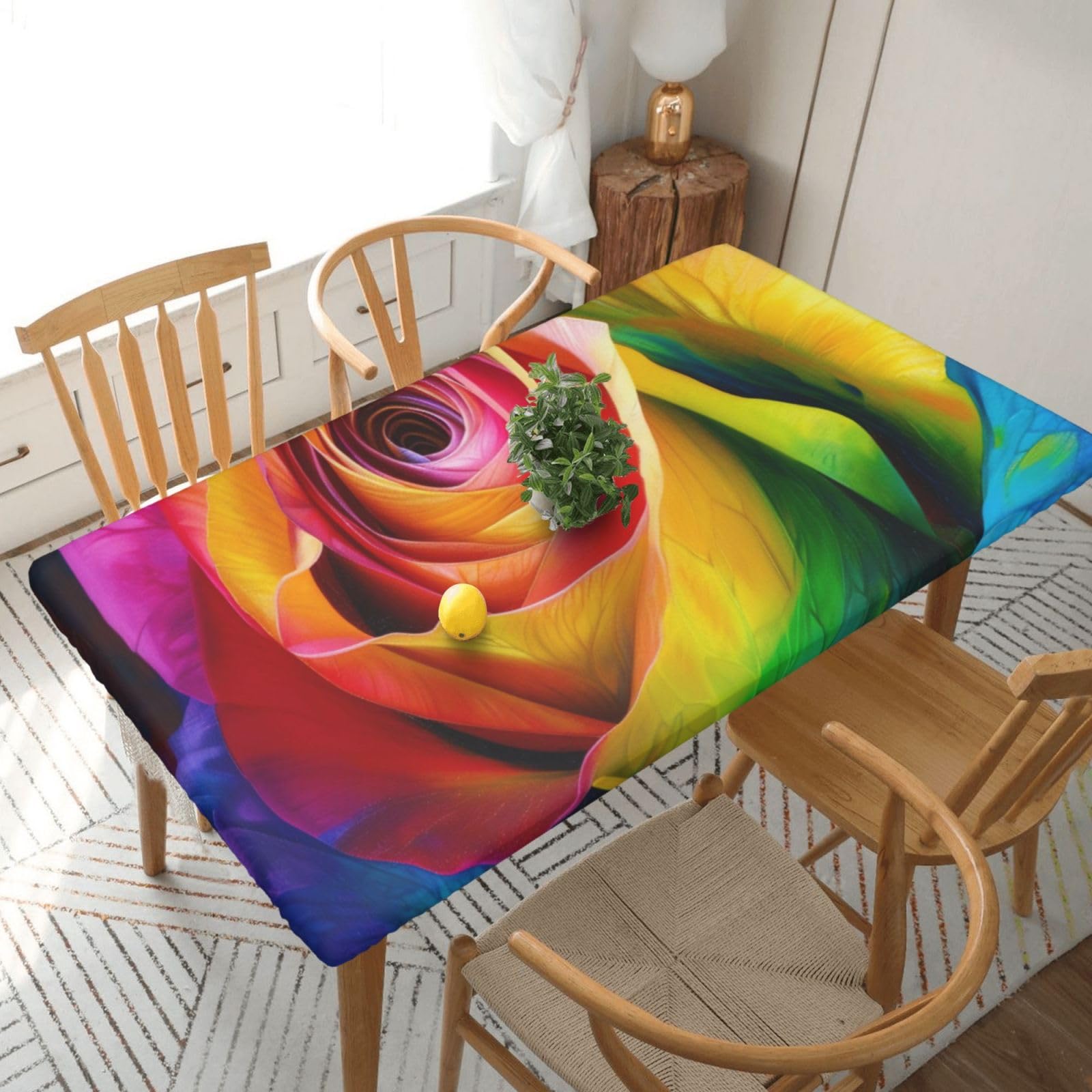 WPKJU Rainbow Rose Flower Printed Tablecloths 5ft Rectangular Table Covers Washable Polyester Decorative Table Cloth for Dining Table Picnic Wedding