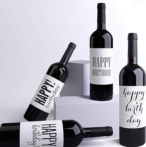 4 Pack Happy Birthday Wine Bottle Labels | Friend Celebration Gift for Adult Birthday Party | Script Modern Assorted Pack | Peel & Stick Labels Made ...