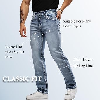 Jeans for Men Comfy & Durable Embroidered Denim Pants | Men's Jeans Embroidered Regular Fit Straight Leg Jeans, Comfy & Durable Denim Pants, Classic Casual Trousers for All Seasons