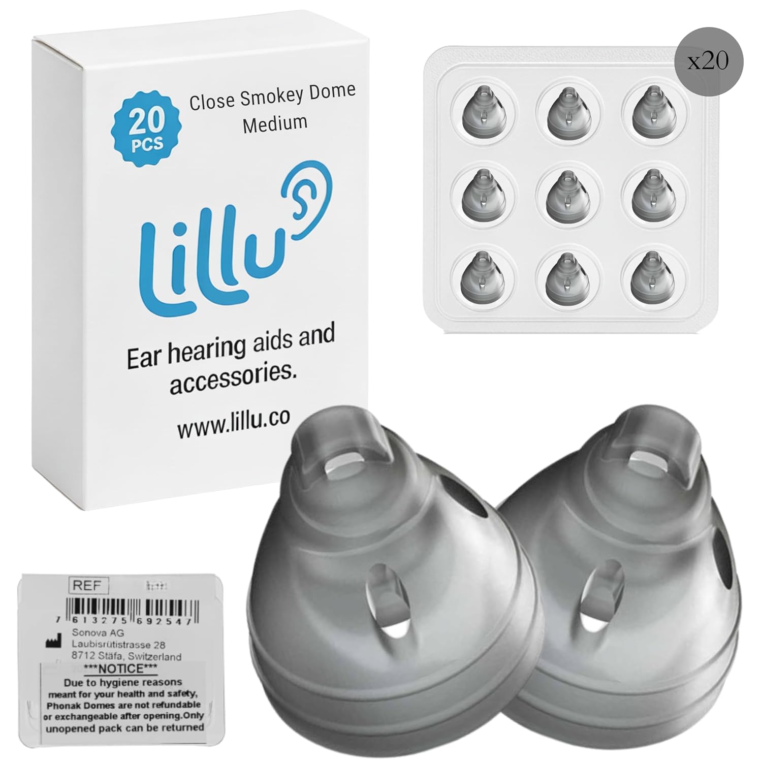 20 pcs Phonak Close Smokey Dome 5.0 Hearing Aid Domes Medium Size (0.35 inch=9mm), Phonak Hearing Aid Accessories, Hearing Aid Domes for Audeo Marvel Paradise Lumity Accessory