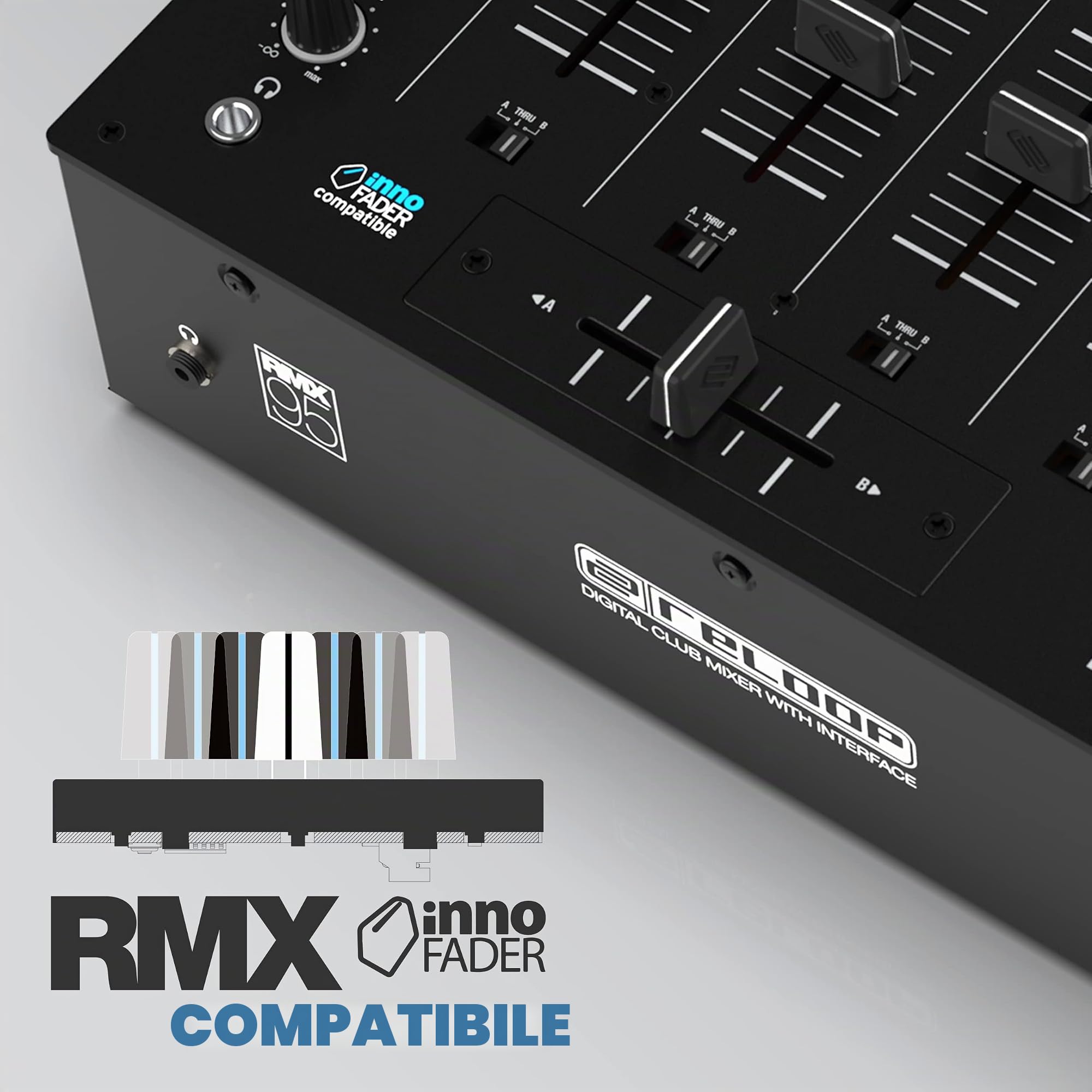 Reloop RMX-95 | Clubmixer a 4+1 canali per DJ con interfaccia a 24 bit di alta qualità, unità FX, filtri audio, modalità Neural Mix™ EQ e hub USB attivo