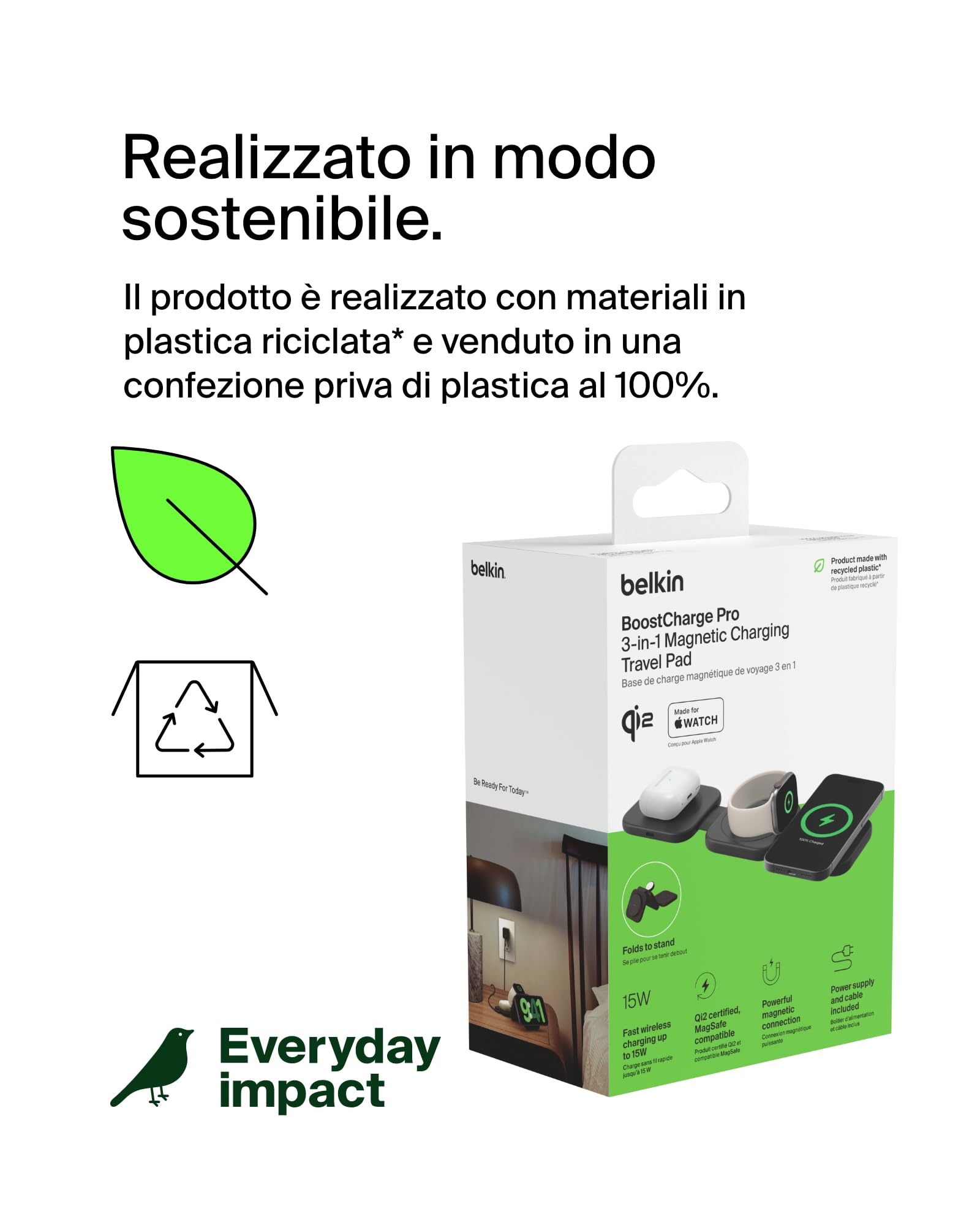 Belkin BoostCharge Pro Caricabatteria Wireless pieghevole da viaggio 3 in 1 con Qi2, 15W, tappetino di ricarica wireless MagSafe per iPhone 17, Air, Pixelsnap, Apple Watch e AirPods