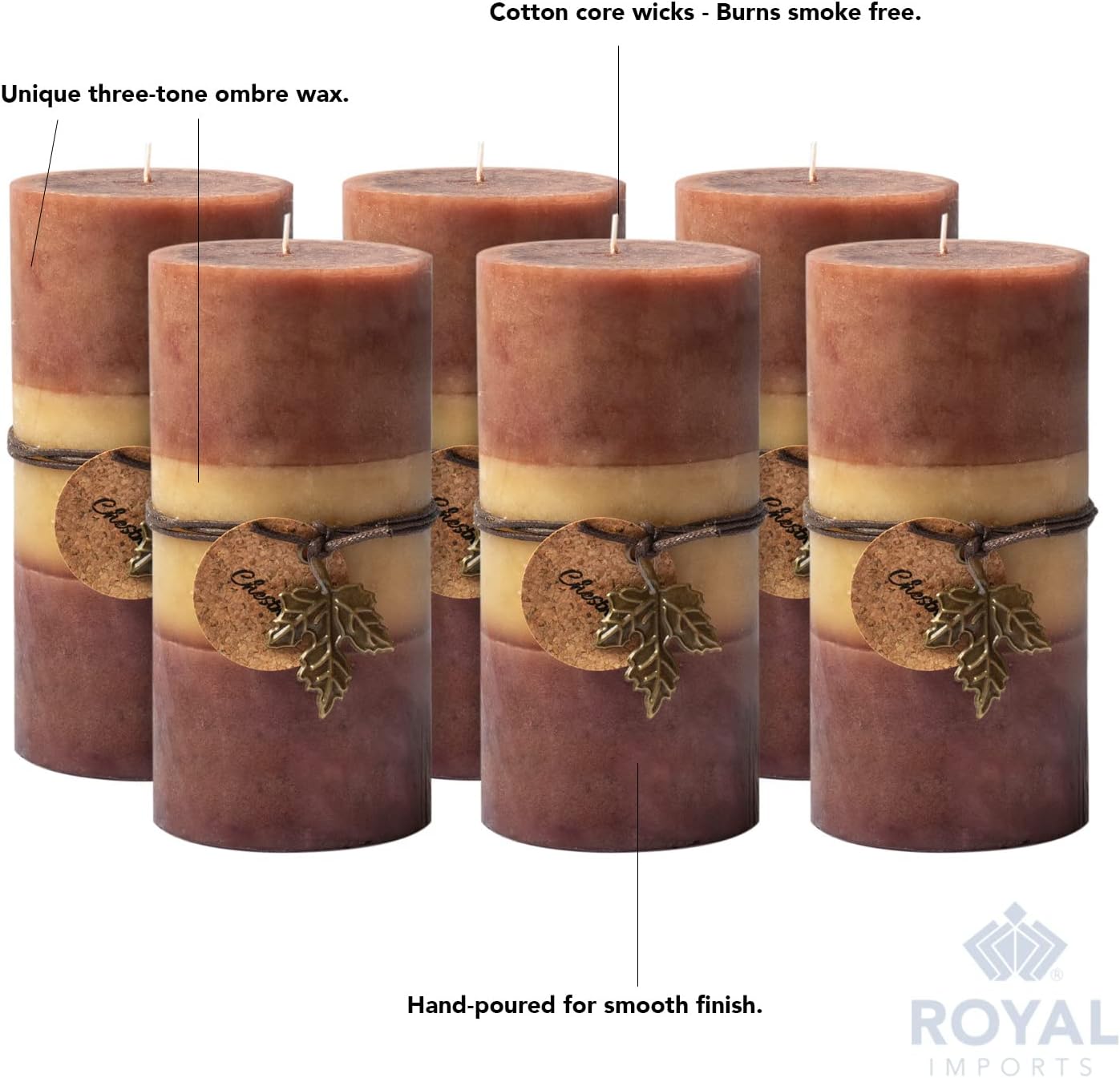 Royal Imports 3"x6" Fall Pillar Unscented Candles for Thanksgiving, Autumn, Halloween and Harvest, Rustic Farmhouse Wedding & Holiday Home Decor, Dripless & Smokeless, Set of 6 - Brown Ombre Wax