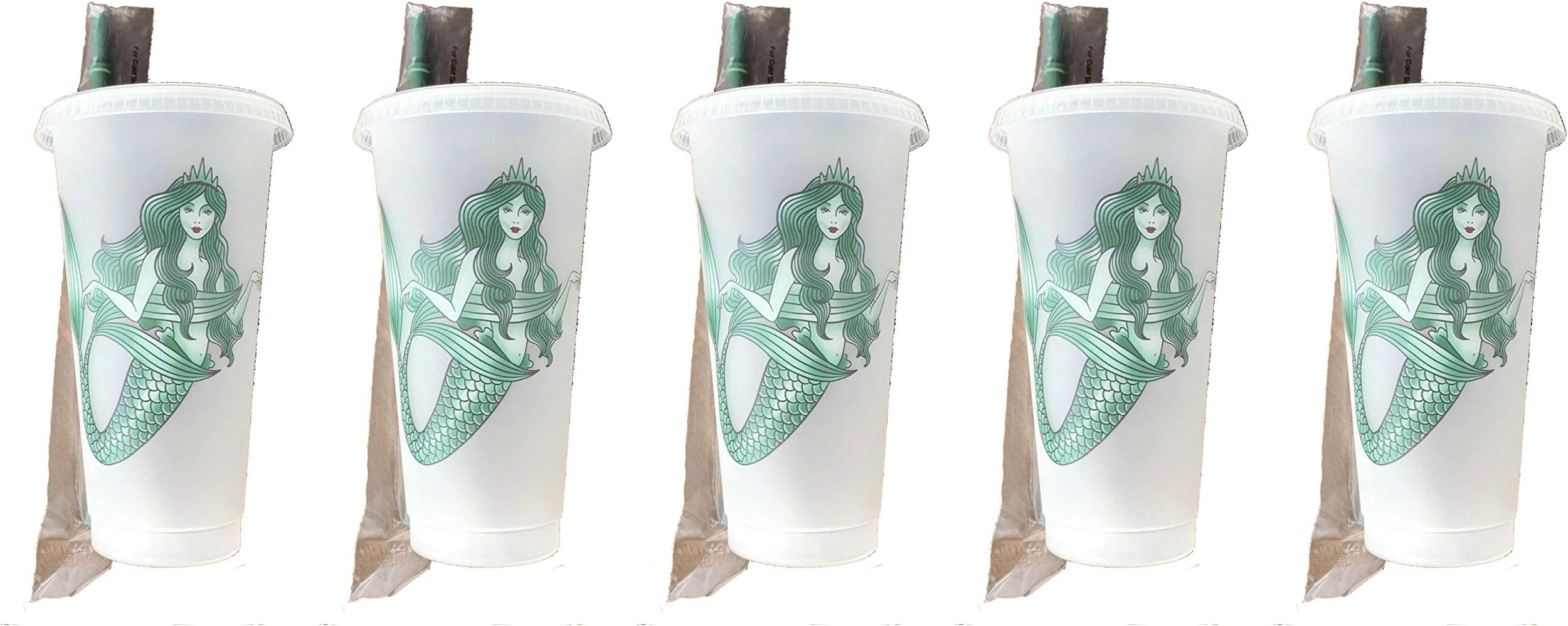 Starbucks Siren Mermaid Reusable Frosted Plastic Venti 24 Ounce Cold Cup, 5 Pack