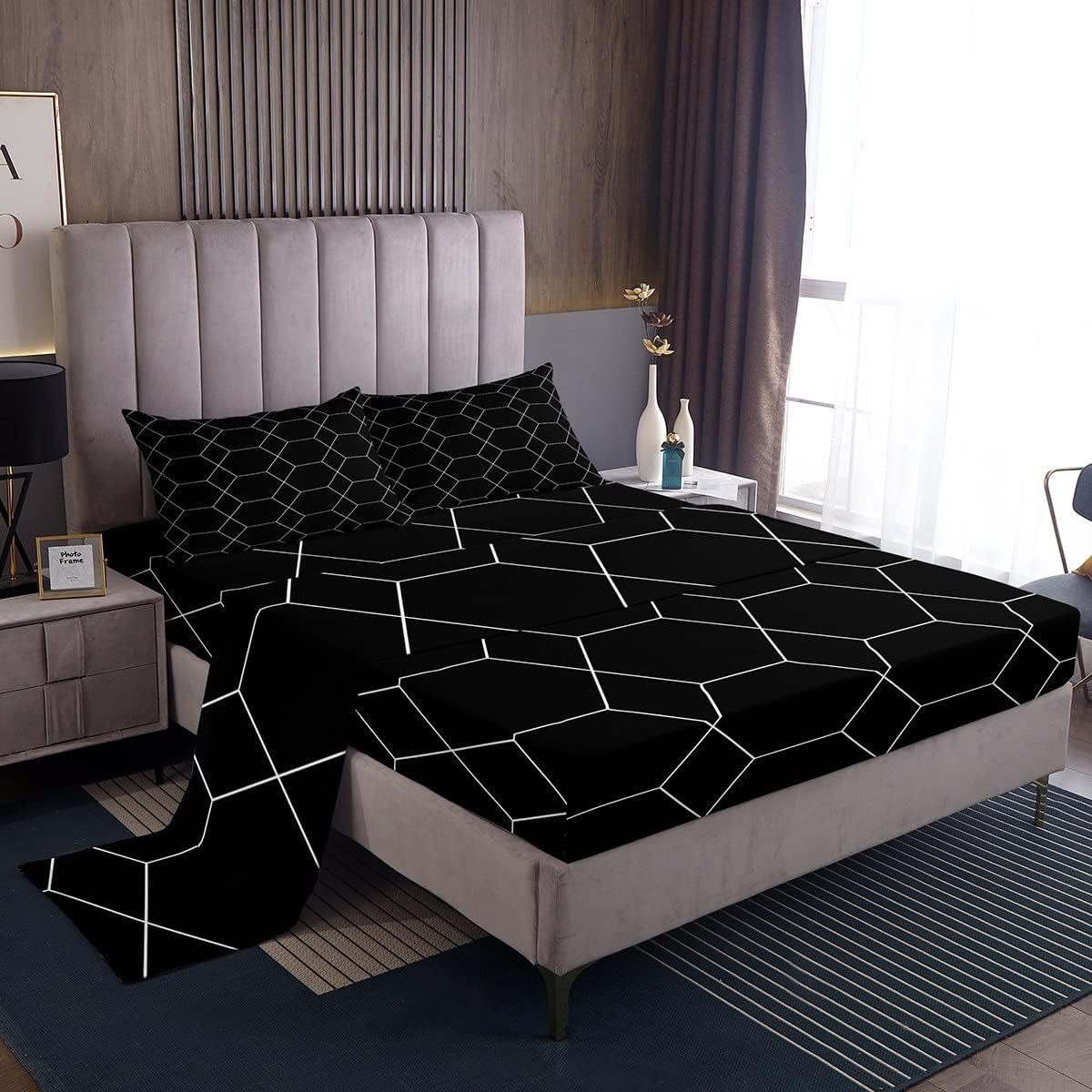 Feelyou Hexagonal Sheet Set Geometric Honeycomb Bed Sheets Kids Boys Girls Modern Moroccan Geometric Lattice Bed Set Black Decor Sheets Bedroom Collection 4Pcs Queen Size Multi 3 Queen