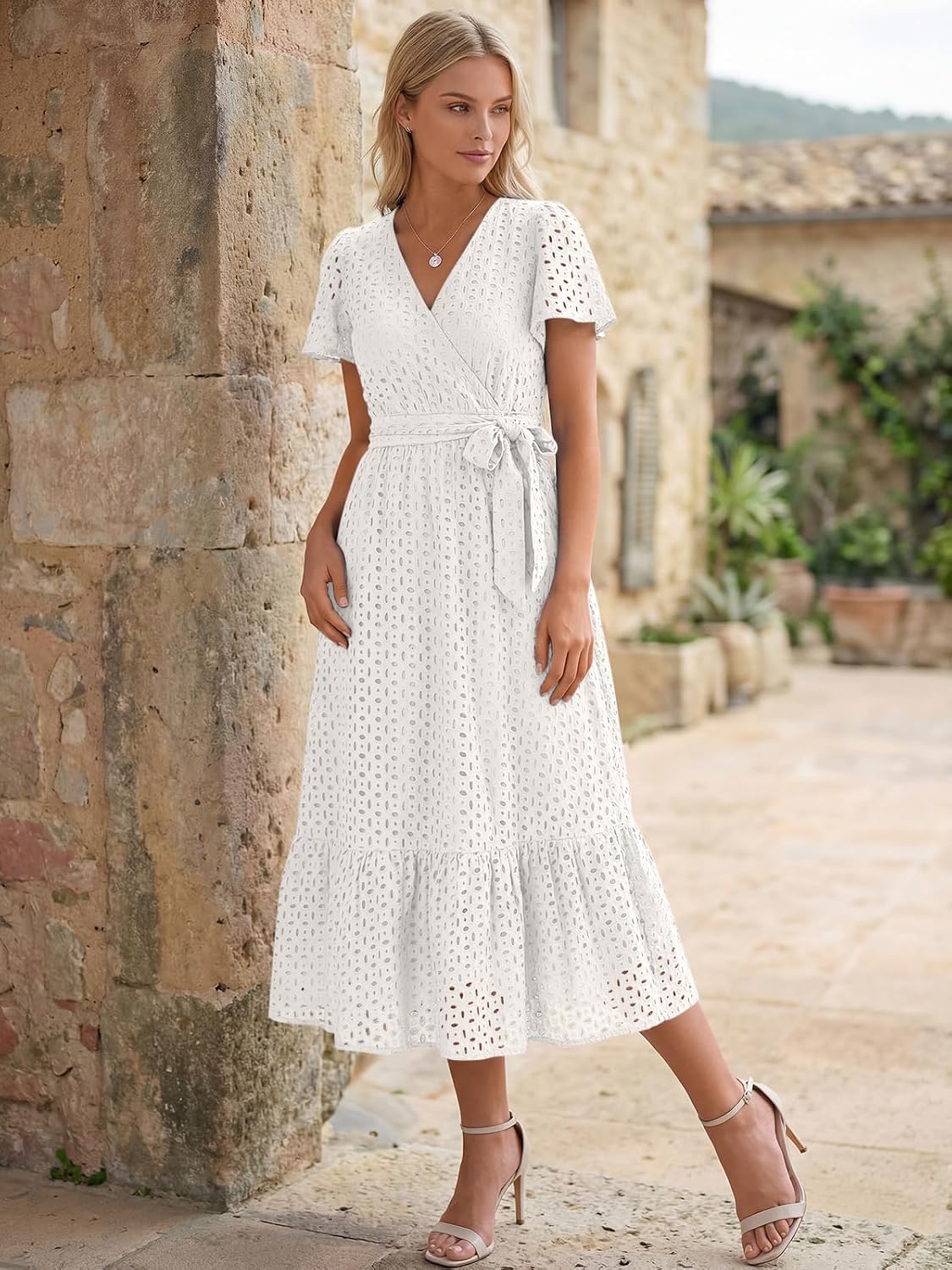 LILLUSORY Womens Summer Midi Dress Short Sleeve V Neck Hollow Out Eyelet A Line Long Flowy Vacation Dresses with Pockets