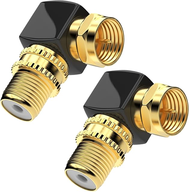 Adapter kątowy Sat F 90°, masywny do kabla koncentrycznego, wtyczka kątowa F, adapter kątowy, adapter F, kątowy, kabel satelitarny, kabel antenowy, złączka, pozłacany, 2 sztuki (2 x adapter kątowy F)