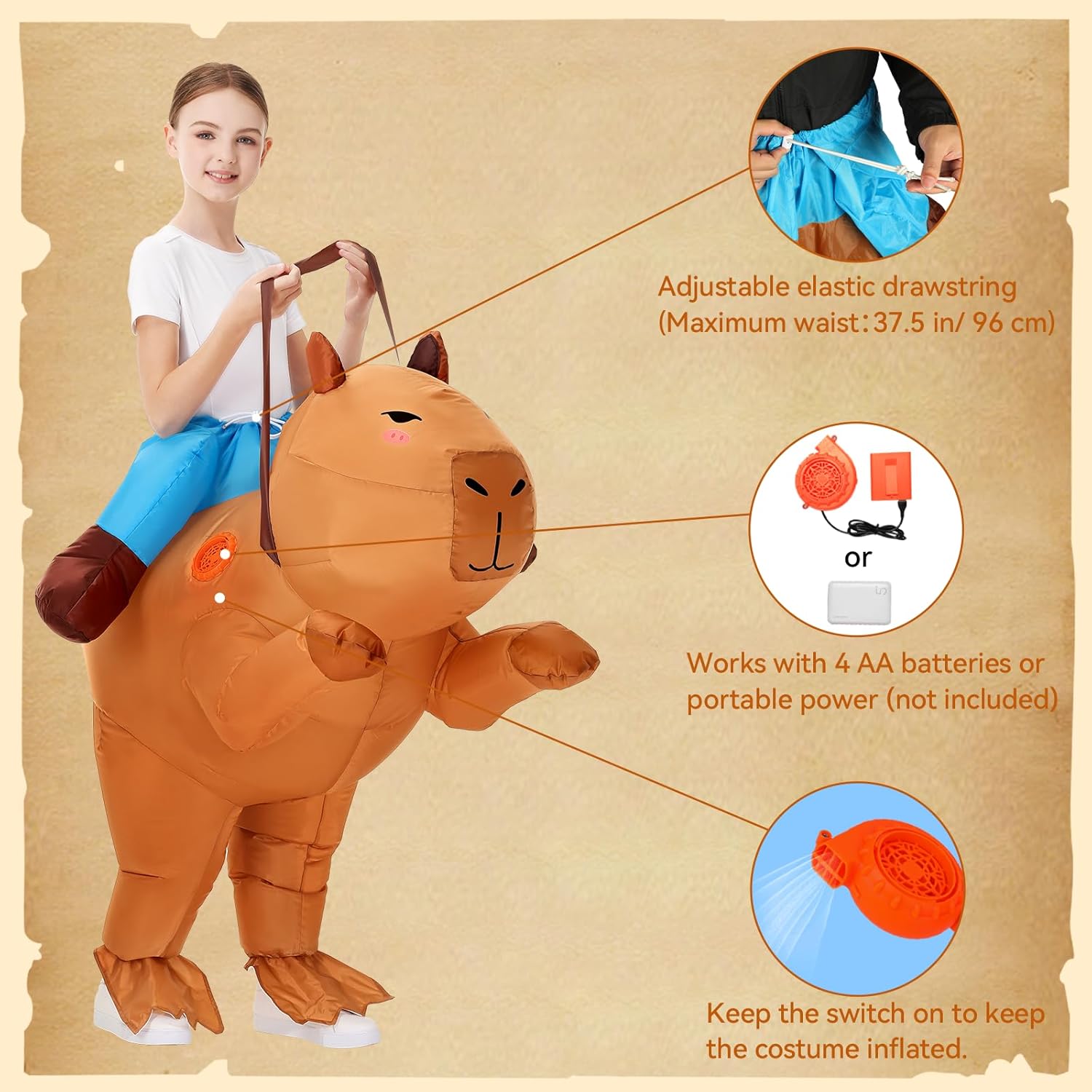 Inflatable Capybara Costume Kids,Kids Blow Up Costumes Halloween Costumes Boys Girls Funny Ride on Animal Costume for Cosplay Party - Image 4