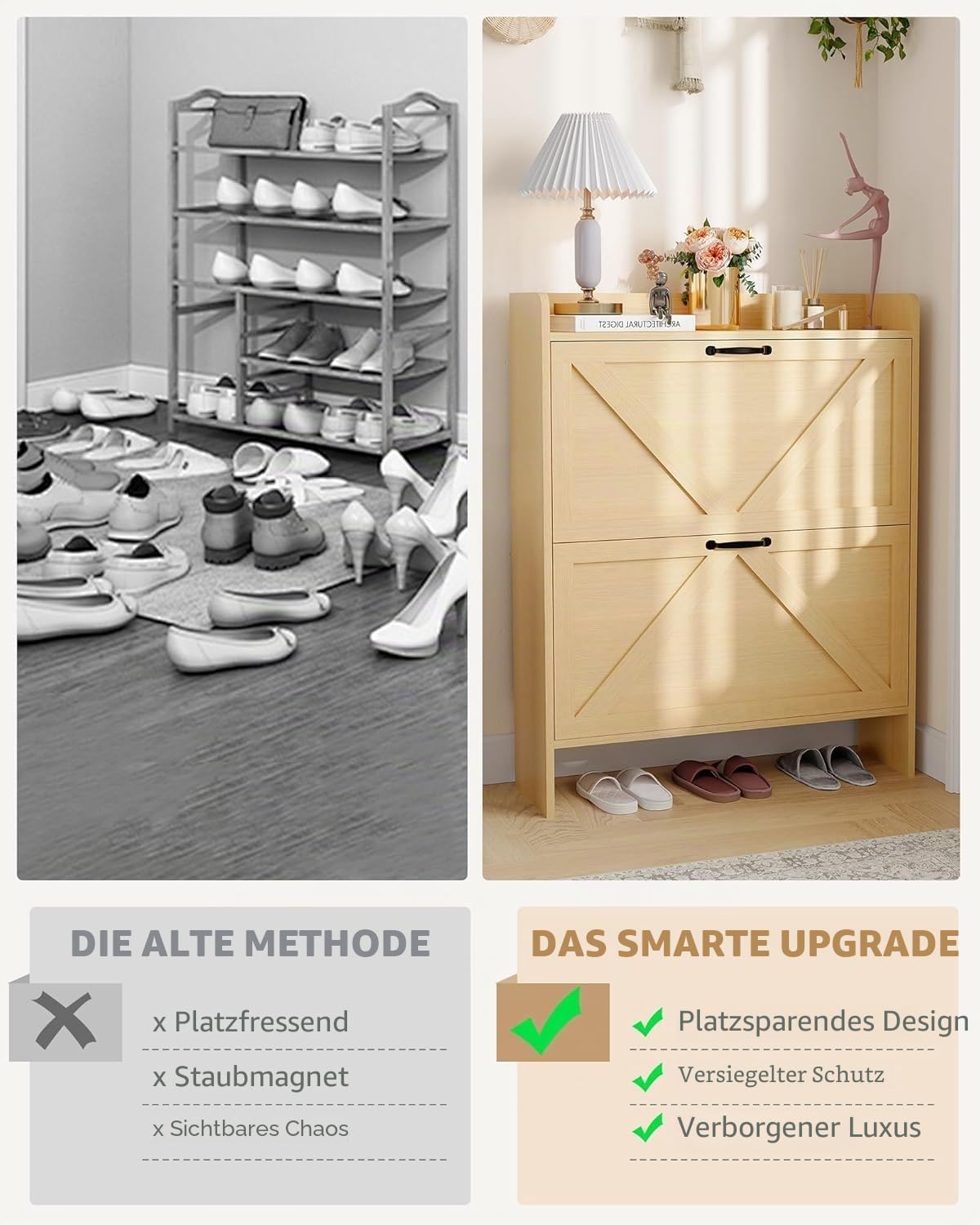 Breit 80 X24x100 Hoch cm Schuhschrank Mit 2 Klappen, Verstellbare Zweistufige Regalböden, Schmal Schuhkipper Schuhe Schrank Shoe Cabinet für Flur, Holz Boho