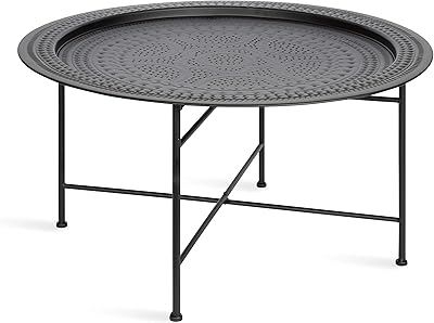 Kate and Laurel Razza Modern Round Metal Coffee Table, 28 x 28 x 15, Black, Stamped Metal Table for Storage and Display