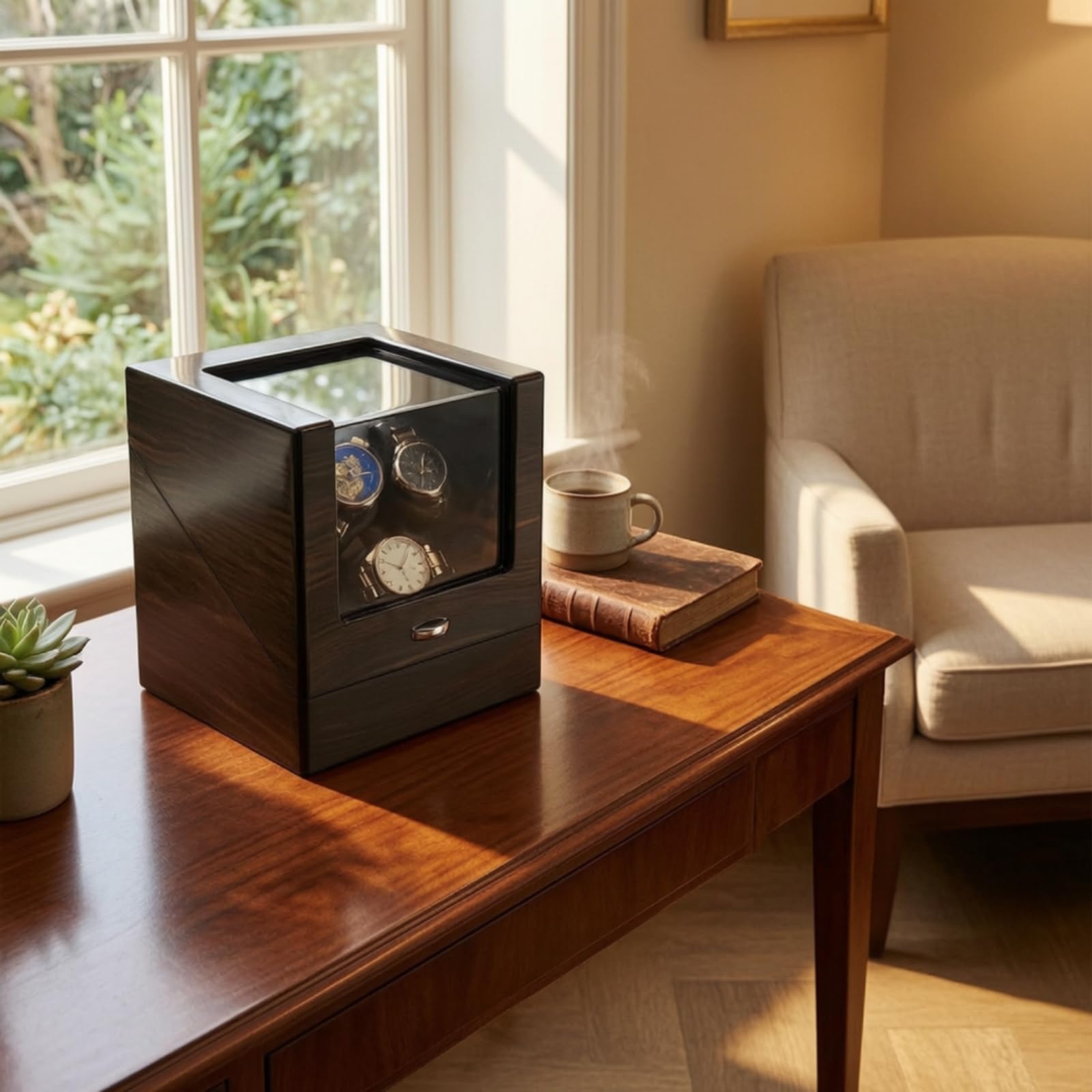 Qianly Scatola Carica Orologi Automatici Automatico Caricatore Orologi con 3 Slot Laccato Custodia Rotante con Finestra per Comodino, Scrivania