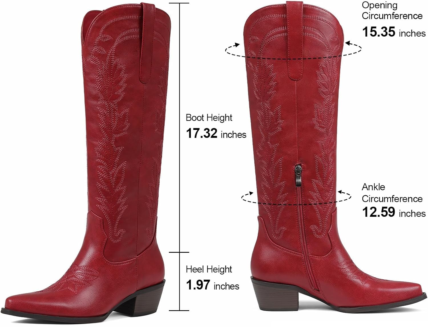 femflame Black Cowboy Boots for Women Knee High Boots with Pointed Toe Chunky Heel Pull On Zipper Embroidery Cowgirl Boot Wide Calf Snip Toe Leather Western Boot