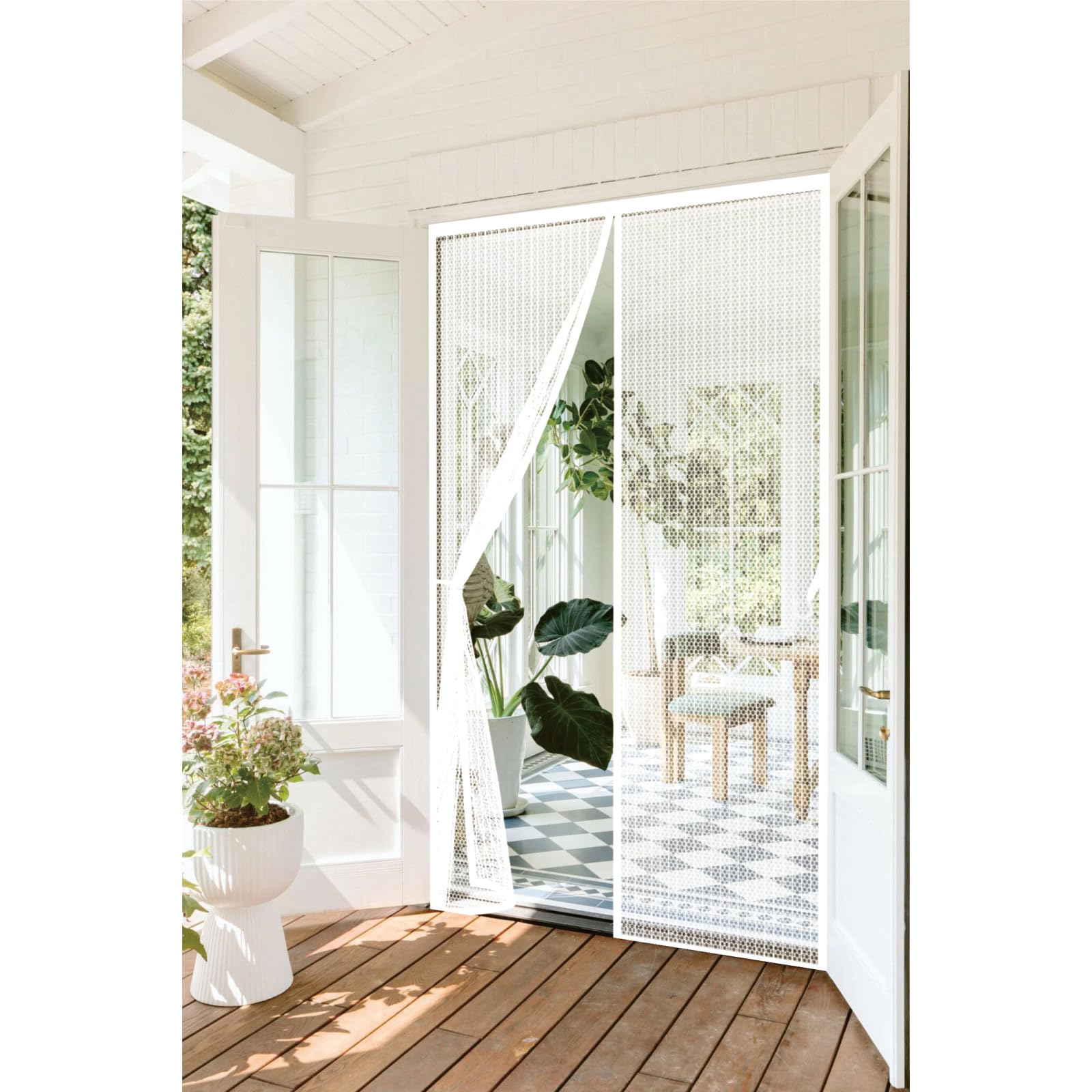 Mosquiteras para Puertas 145 x 227 cm Cierre Automático con Imanes y Pesos, Taladrar Fácil de Instalar Mantiene, Ensanchada y Engrosada Cortina Mosquitera para Dormitorio, Blanco