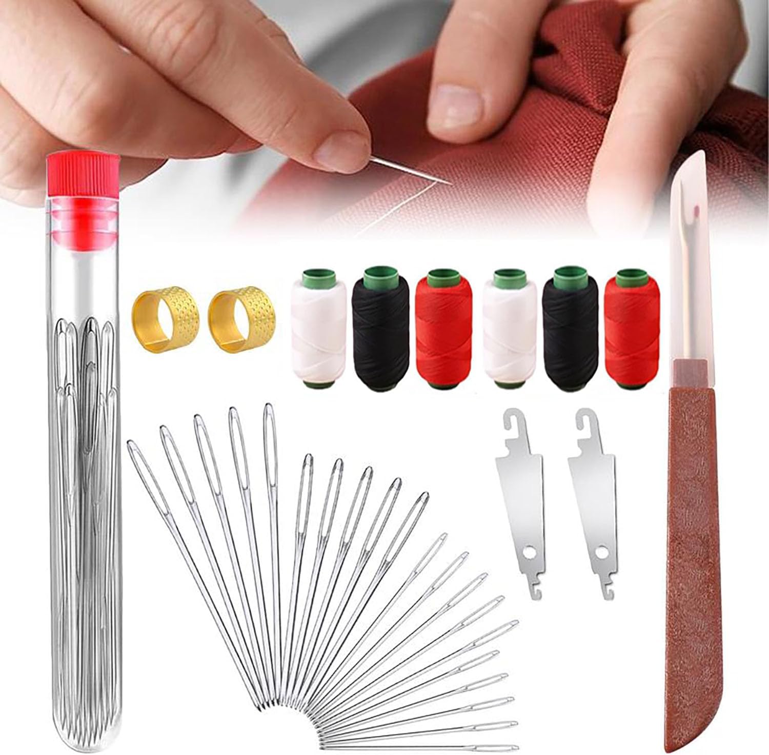 34Pcs Sewing Tools Set,Big Eye Steel Sewing Needles Kit,Stainless Steel Needles for Hand Sewing Supplies with Thread & Needle Threader,Heavy Duty Needle and Thread Sewing Kit for Beginners,Adults