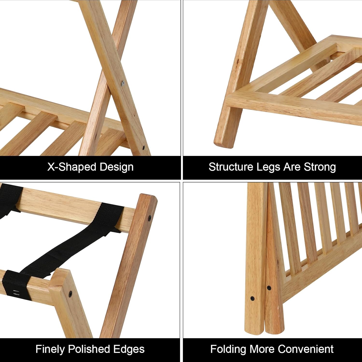 Foldable Wooden Luggage Rack, Sturdy X-Frame Suitcase Stand with Storage Shelf, 66/154 LBS Capacity, Easy Assembly & Space-Saving Luggage Holder for Guest Room, Bedroom, Hotel/Natural Beige