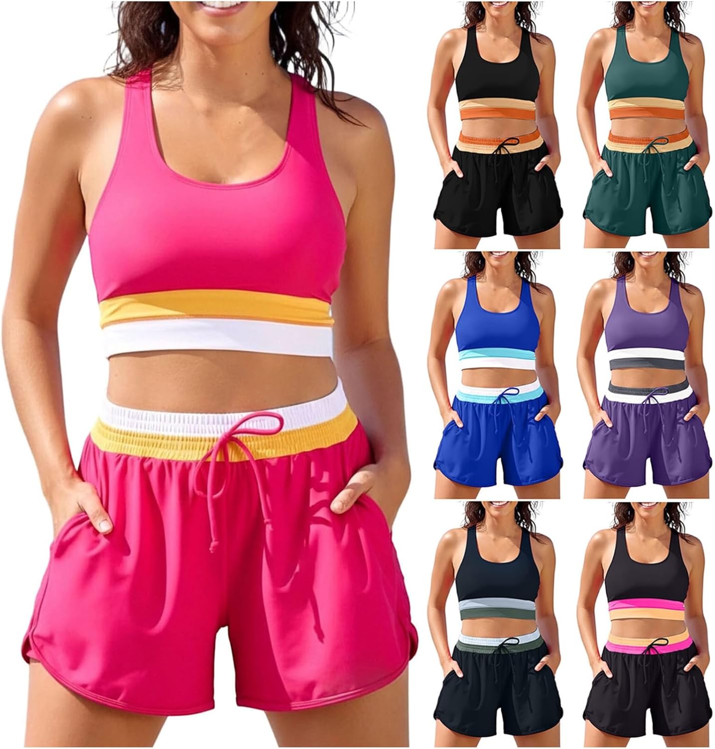 YRAETENM Two Piece Swimsuit for Women Modest Bathing Suits with Shorts Cute Color Block Bikini Sets Casual Vacation Swimwear