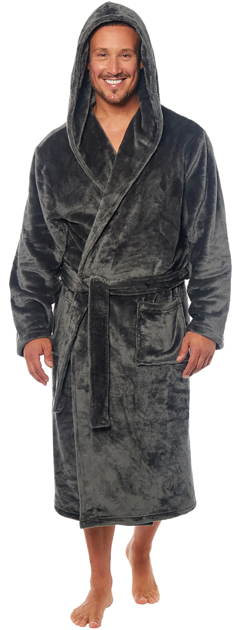 MICHAEL PAUL Dressing Gowns for Men | Super Soft Luxury Hooded Dressing Gown | Men's Warm and Cozy Fleece Nightwear Robe | Gifts for Men M CHARCOAL