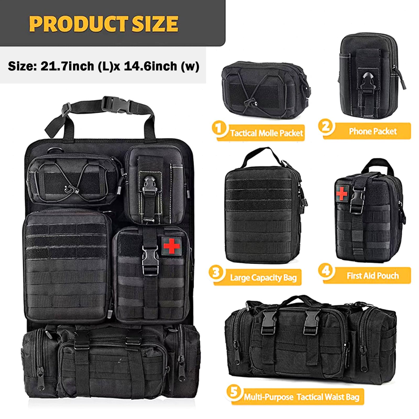 Organizador táctico para respaldo de asiento de coche, organizador universal de panel Molle, bolsa de almacenamiento con 5 bolsas Molle desmontables diferentes para todos los coches,