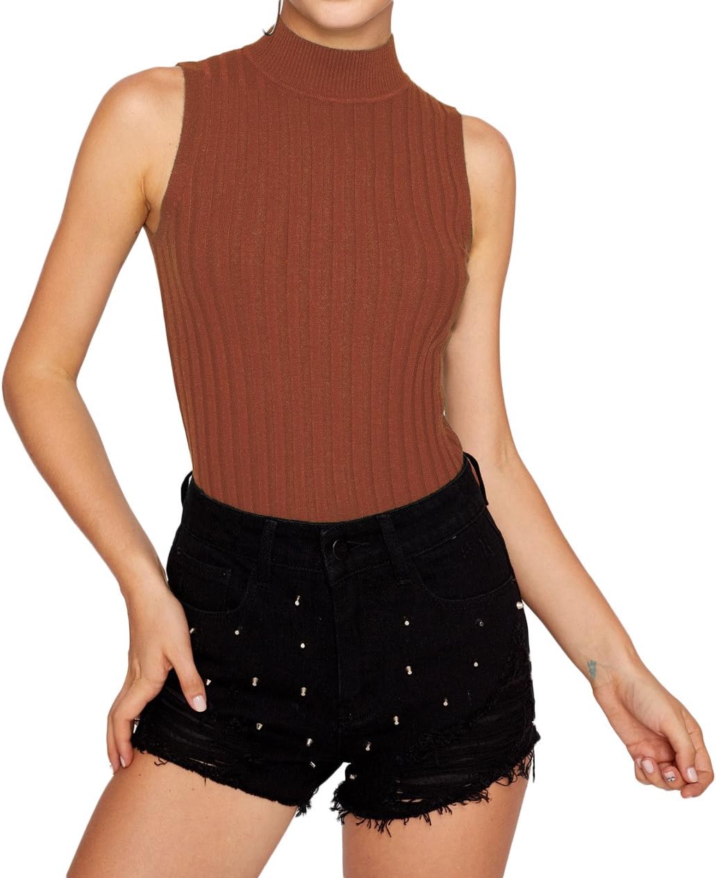 Women’s Knit High Neck Turtleneck Halter Sleeveless Stretch Knit Fitted Sweater Tunic Tank Top Basic Shirt (A-Caramel, One Size)