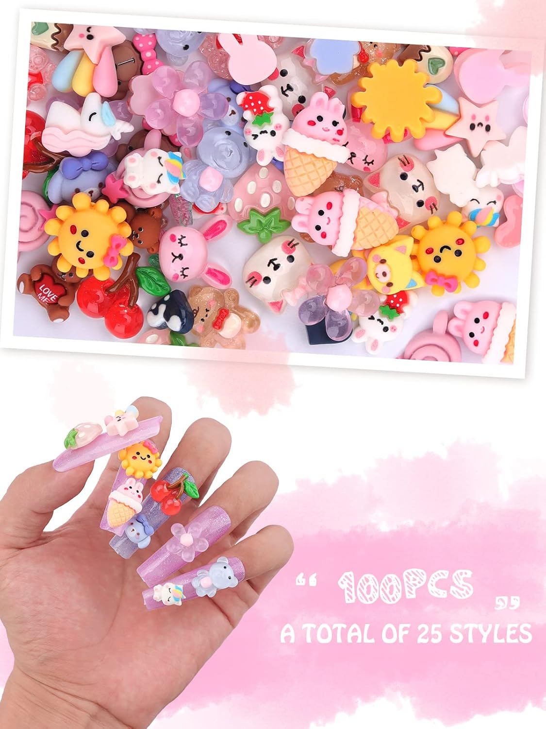 EBANKU 100 Pcs Kawaii Nail Charms, Flatback Resin Nail Charms Sweet Candy Slime Animals 3D Nail Decoration for DIY Crafts Jewelry Making