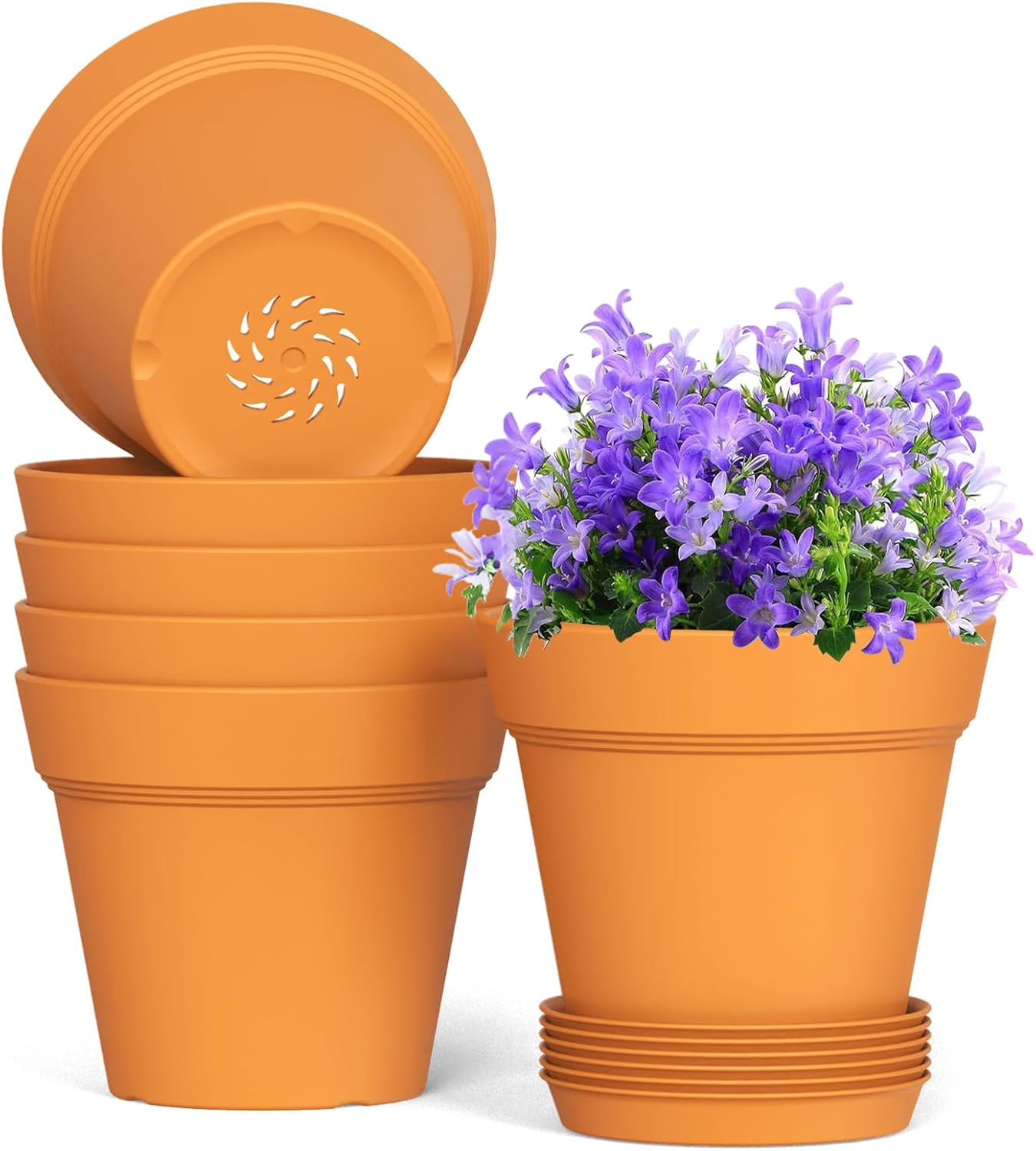 WSMKSZ 7 Inch Thick Plastic Plant Pots with Drainage Holes and Trays – 6 Pack Nursery Pots for Indoor & Outdoor House Plants, Seedling Starter Planters for Garden Flowers, Terracotta