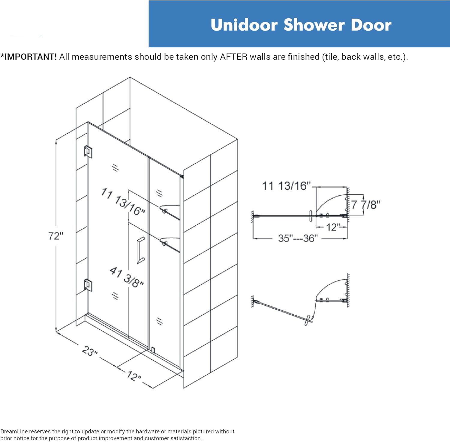 DreamLine Unidoor 35-36 in. W x 72 in. H Frameless Hinged Shower Door with Shelves in Satin Black, SHDR-20357210CS-09