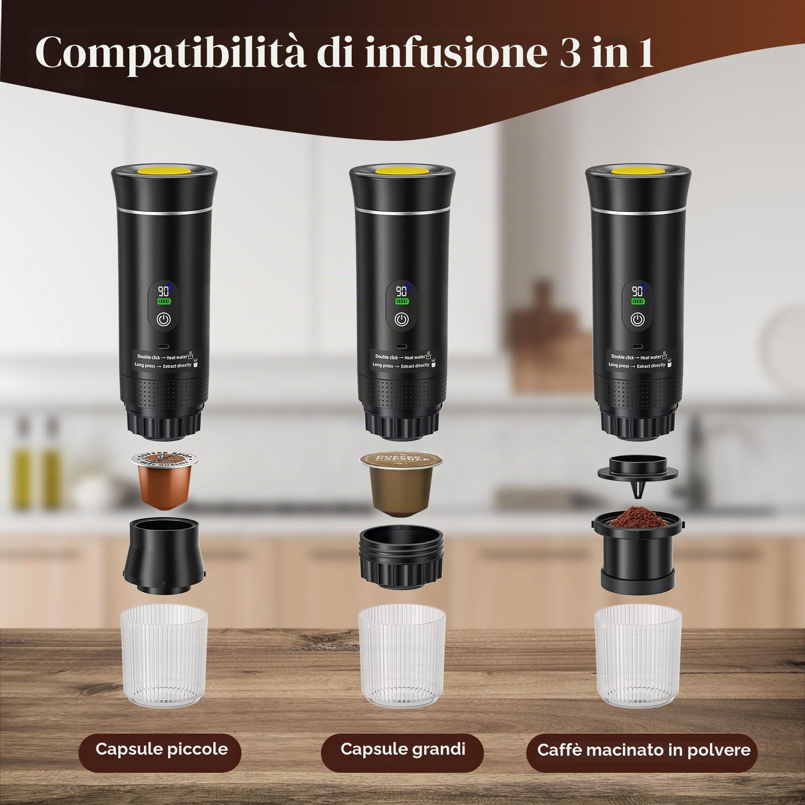 Macchina da caffè portatile, 3 in 1 a batteria macchina per caffè espresso, compatibile con capsula e caffè macinato, gadget per camper e regali da campeggio (nero)