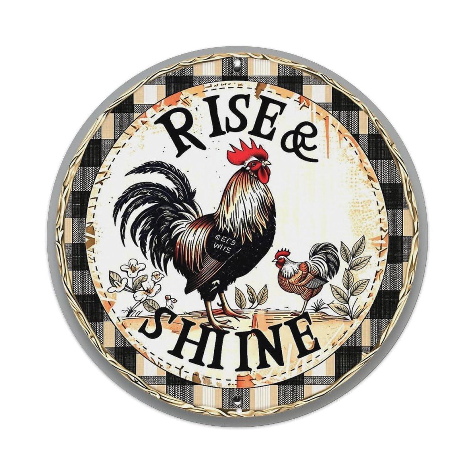 Rise And Shine Rooster Pattern Retro Metal Sign Round Tin Sign, Vintage Decor Art Poster for Bar, Home, Man Cave, Kitchen, Laundry Room Gift 8x8Inch