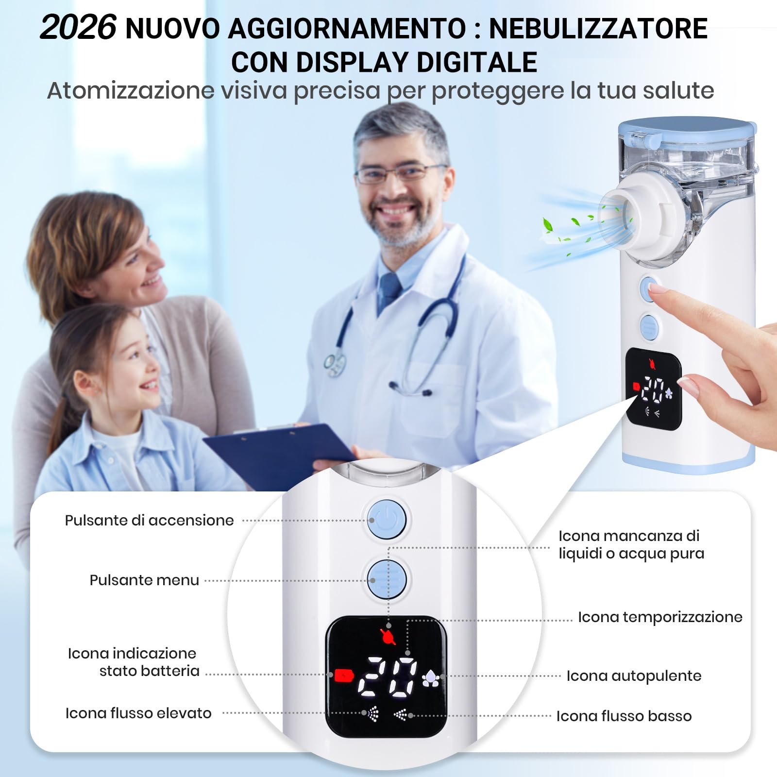 HITHINKMED Aerosol Portatile Silenzioso, Macchina Aerosol Ultrasuoni Adulti e Bambini, Ricaricabile E USB-C con Display Digitale e Funzione di Pulizia Automatica Inalatore (Blu)