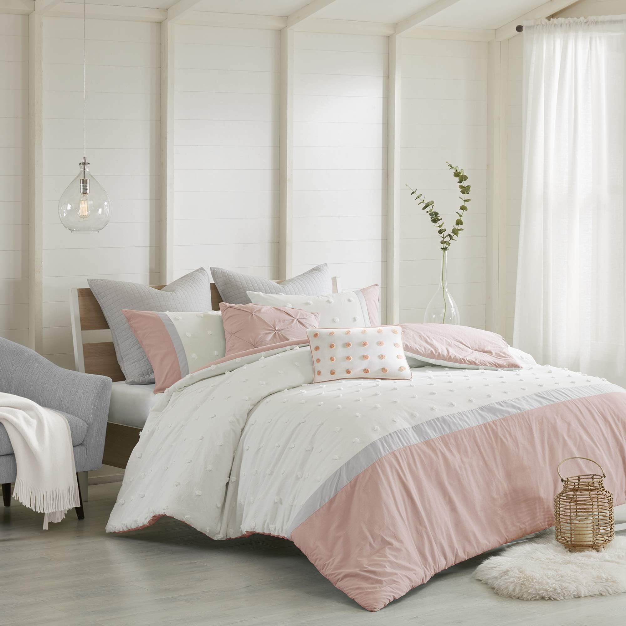 Urban Habitat Cotton Comforter Set - Jacquard Tufts Pompom Design All Season Bedding, Matching Shams, Decorative Pillows, King/California King (104 in x 92 in), Blush/Ivory 7 Piece