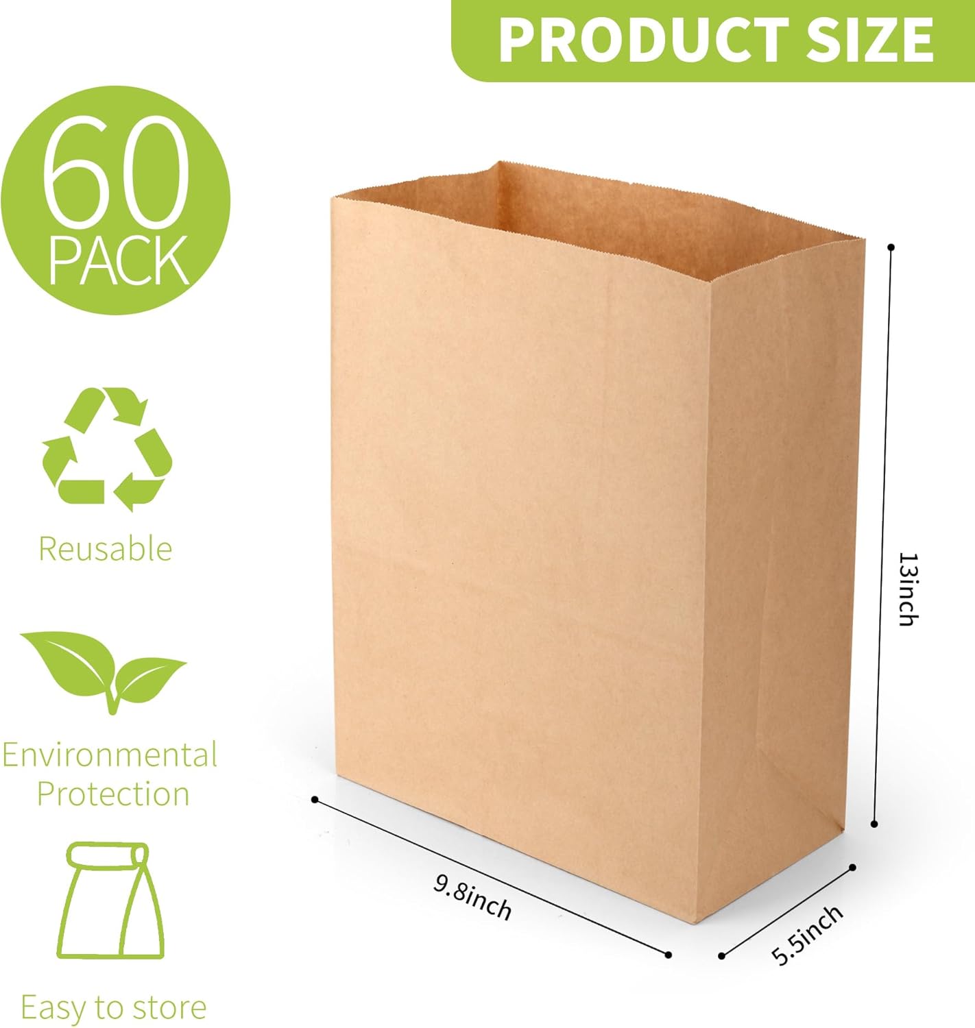 16 Lb Heavy Duty Kraft Paper Bags 60 Pcs Bulk, 9.8x5.5x13 Inch - Natural Brown Grocery Bags for Large Snacks, Takeout, Bakery, Restaurant | Sandwich & Lunch bags for Household, Shopping - Image 2