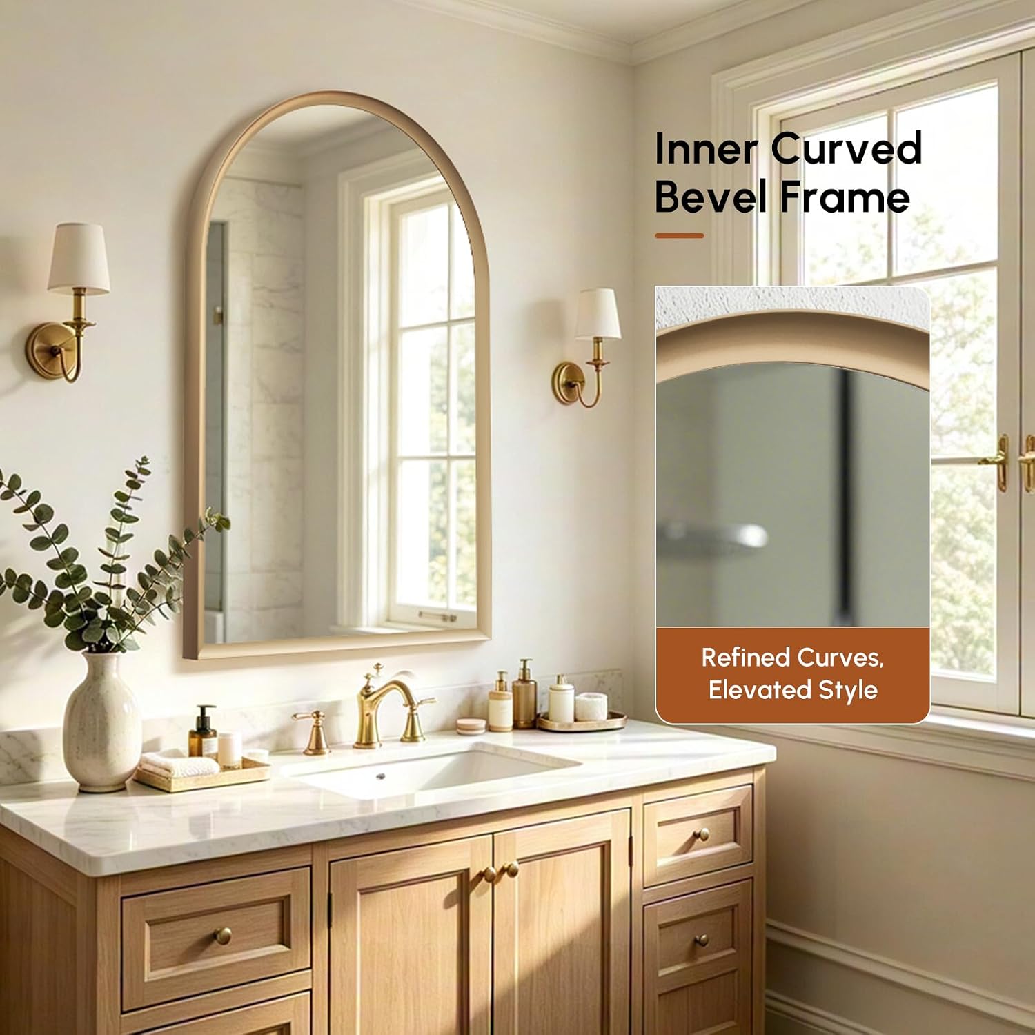 USHOWER Brushed Gold Arched Bathroom Mirror 24x36 Inch | Small Vanity Mirror, HD Tempered Glass, Rust-Proof Aluminum Frame, Inner-Curved Decor for Bedroom, Entryway Renovation