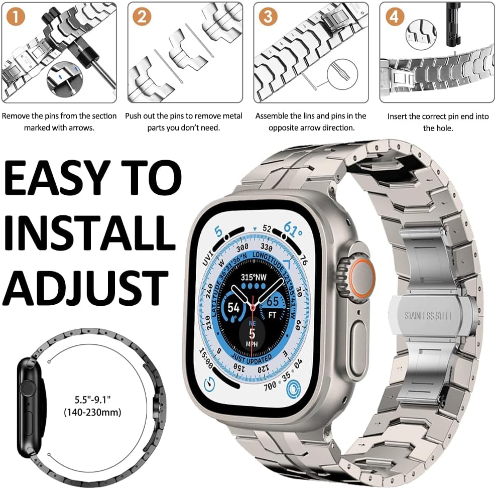 Miimall Compatible for Apple Watch Bands 49mm 46mm 45mm 44mm 42mm Ultra 2/Ultra SE 2/SE Series 10 9 8 7 6 5 4 3 2 1, Stainless Steel Metal Strap with Butterfly Clasp for Apple Watch Bands-Silver