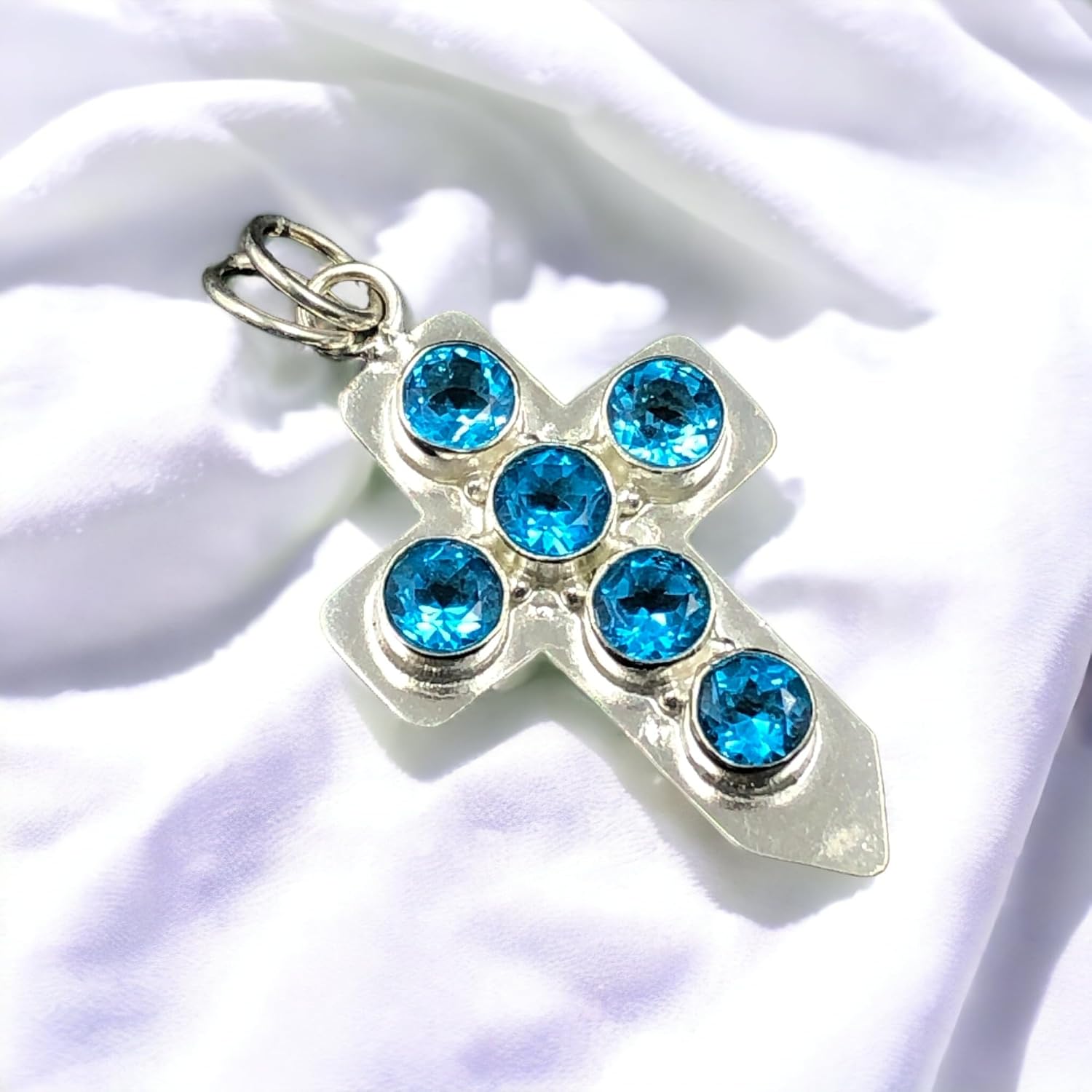 Natural Swiss Blue Topaz Gemstone 925 Solid Silver Handcrafted Precious Cross Pendant 1.80" Long Gemstone Jewelry Cross Pendant For Christmas, New Year Gift Unisex Pendant Religious Jesus Pendant