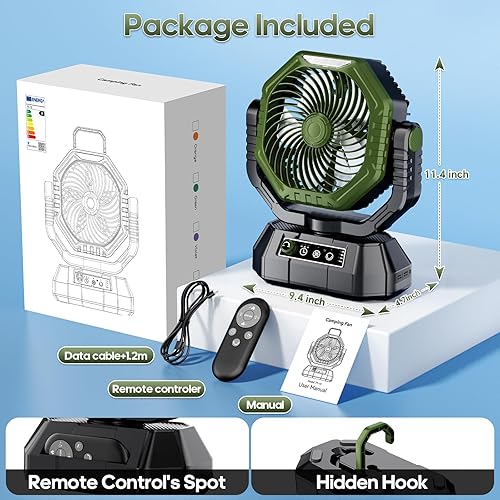 Miniatura 7 de AJVV Ventilador de camping recargable, ventilador alimentado por batería con control remoto, luz LED, motores duales, velocidad continua, oscilación