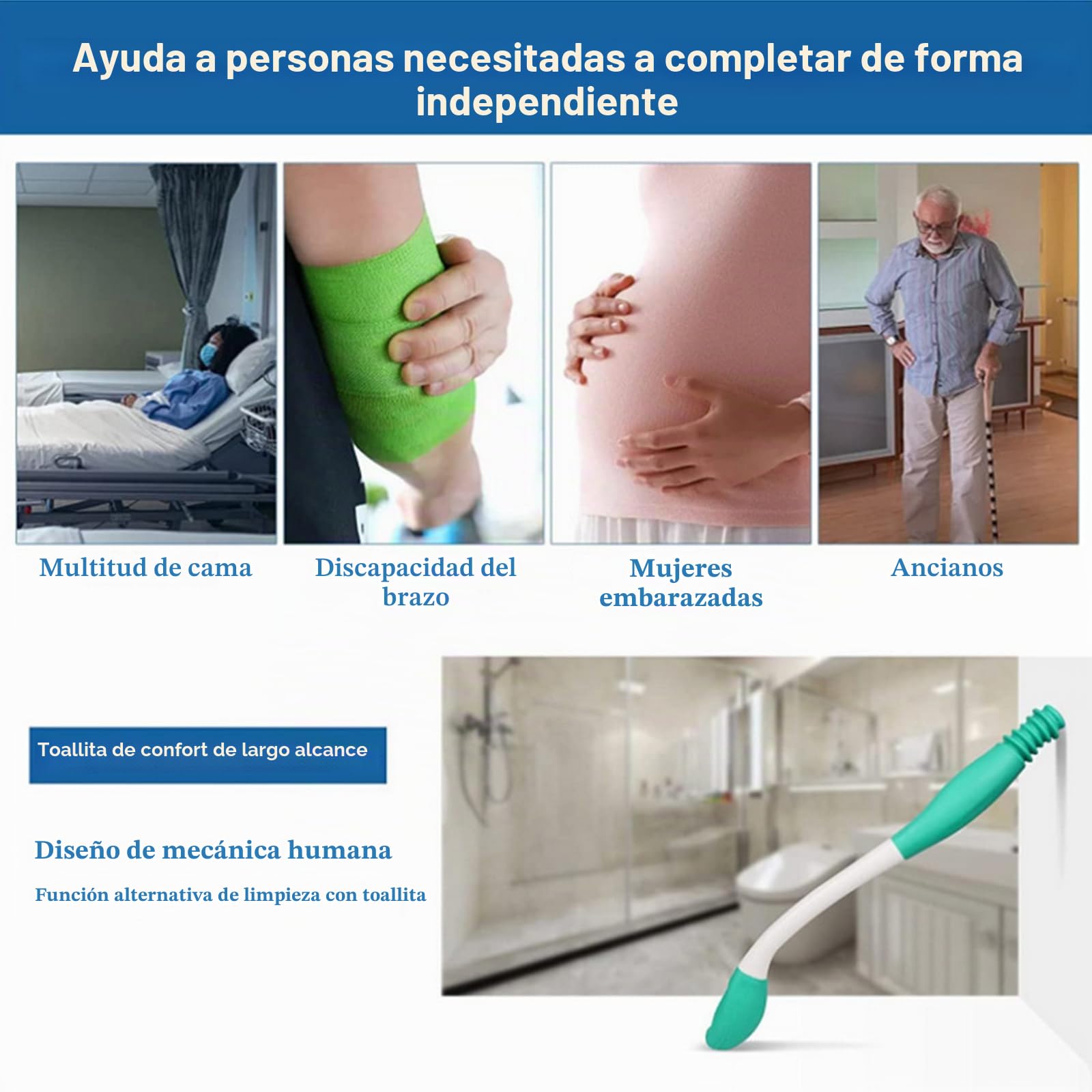 Juego de herramientas para limpiar el inodoro, limpiador de glúteos con mango largo, cepillo de bañera antideslizante con mango curvo y cepillo curvado para personas con sobrepeso, ancianos y