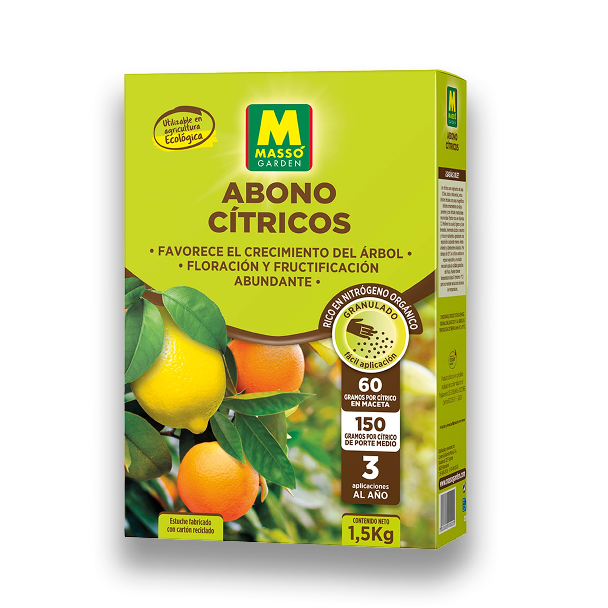 Abono ECOLÓGICO para Cítricos (Limoneros, Mandarinos, Naranjos...) de Gran Efecto Reverdesciente y Capacidad para Mejorar Frutos | Envase 1,5 KG | Apto Aplicación en Maceta y Suelo | Nexum Market