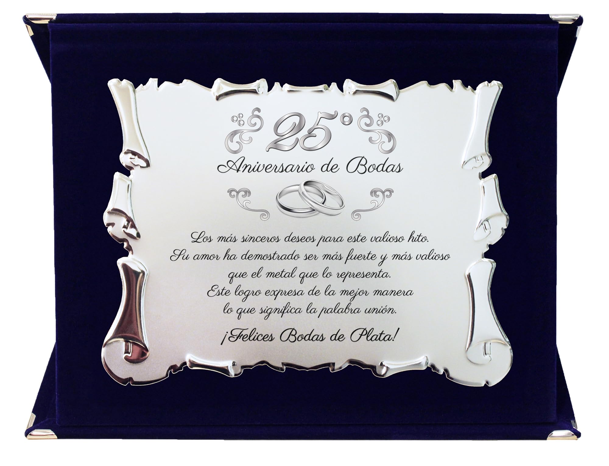 Placa Regalo 25 Aniversario de Bodas | Celebración Bodas de Plata | Tarjeta Color Plata con Estuche de Terciopelo Azul