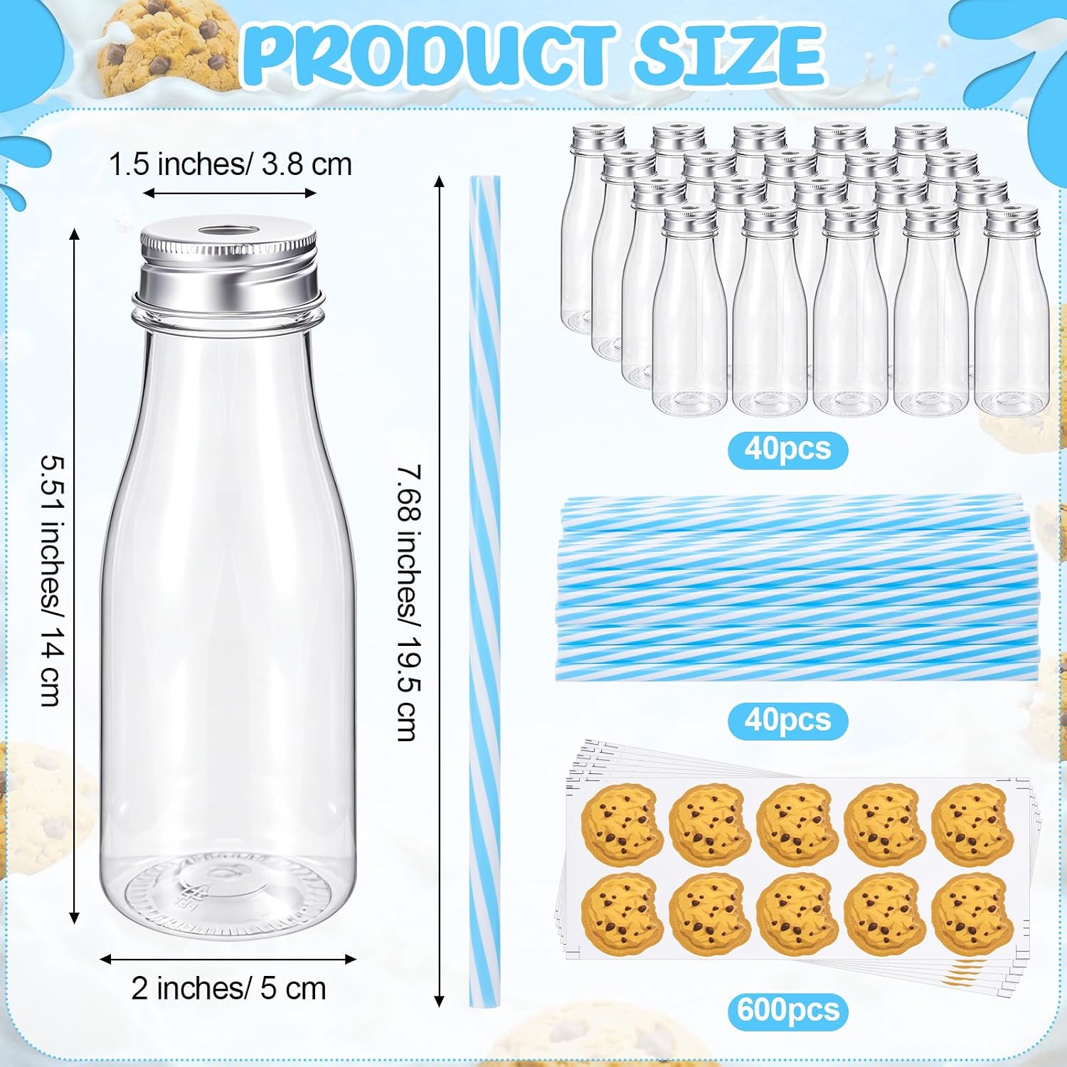 Yungyan 40 Pcs Plastic Farm Animal Milk Bottles with Straws and Lids Small Clear 8 oz Milk Jar with Lids Mini Juice Bottles and 600 Sticker Labels for Theme Birthday Party Baby Shower