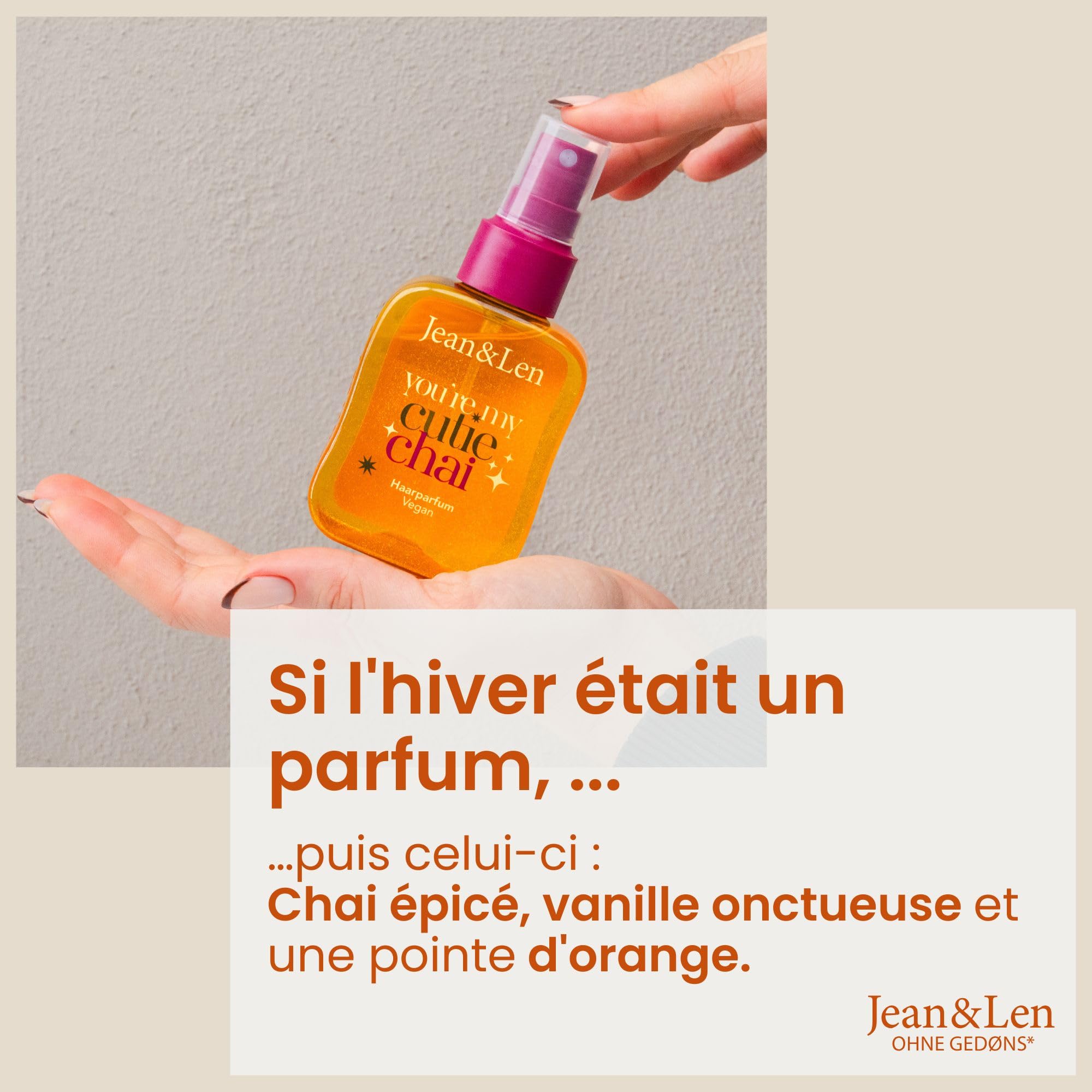 Jean & Len Parfum capillaire You're My Cutie Chai, formule nourrissante aux acides aminés & panthénol, parfum hivernal d'épices chai, vanille & orange, aux paillettes dorées, végane, 105 ml