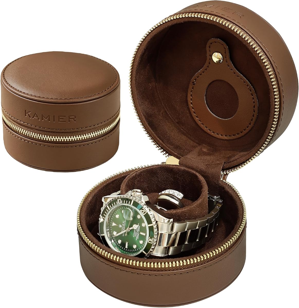 Portable Single Watch Travel Case PU Leather Velvet Lined Watch Storage Box with Ring Slot, Mini Zipper Watch Holder Fits 50mm Wrist Watch for Men Women, Ideal for Daily Carry, Business & Gym